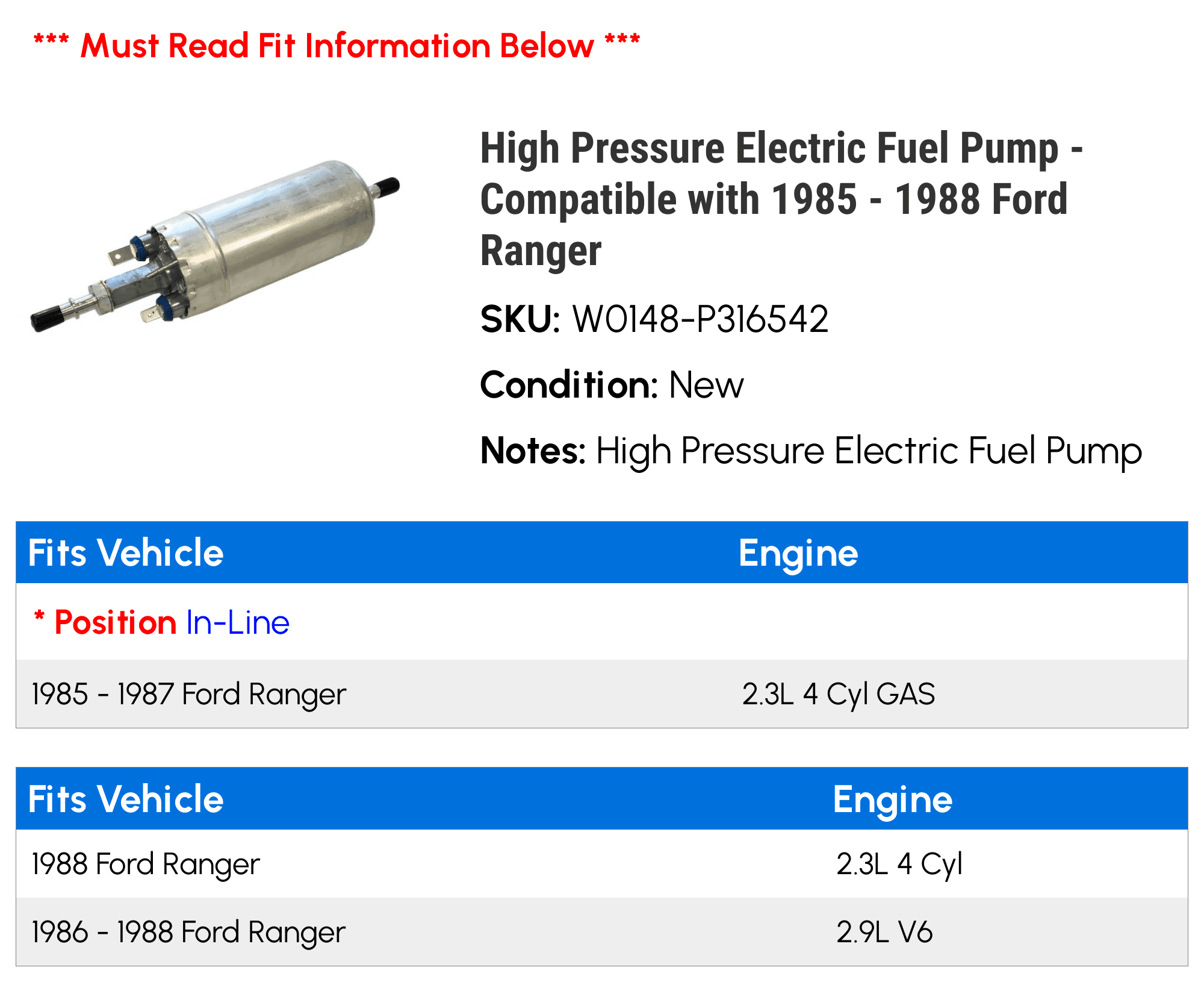 High Pressure Electric Fuel Pump - Compatible with 1985 - 1988 Ford Ranger 1986 1987