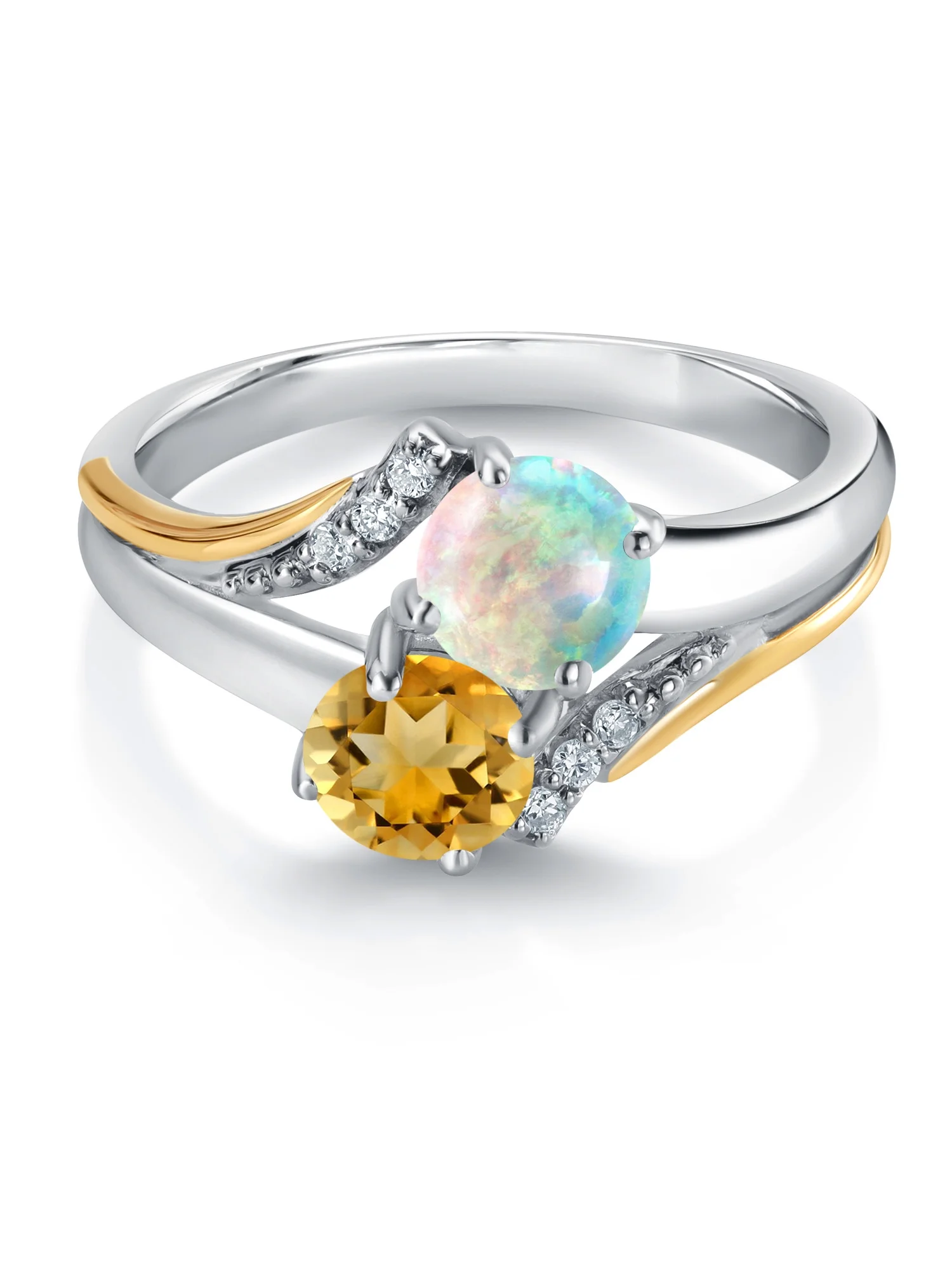10K Yellow Gold and 925 Silver Yellow Citrine and Simulated White Opal and White Lab Grown Diamond Accent Engagement Ring For Women (1.25 Cttw, Gemstone November Birthstone, Round 5MM, Size 9)