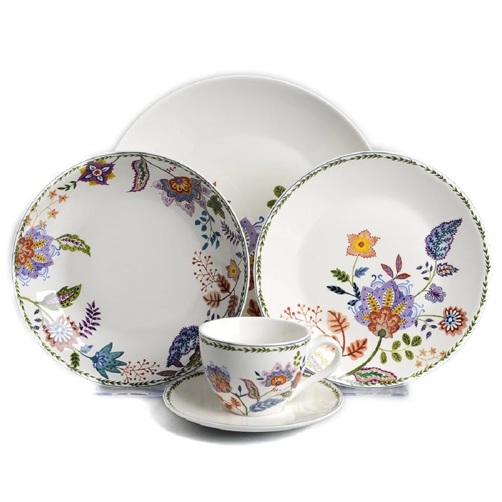 Flower Garden Dinnerware Set of 20 for 4 pers. Dinner Plates Dinner Bowls Dessert Plates Serving Bowls and Tea Cups with Saucer