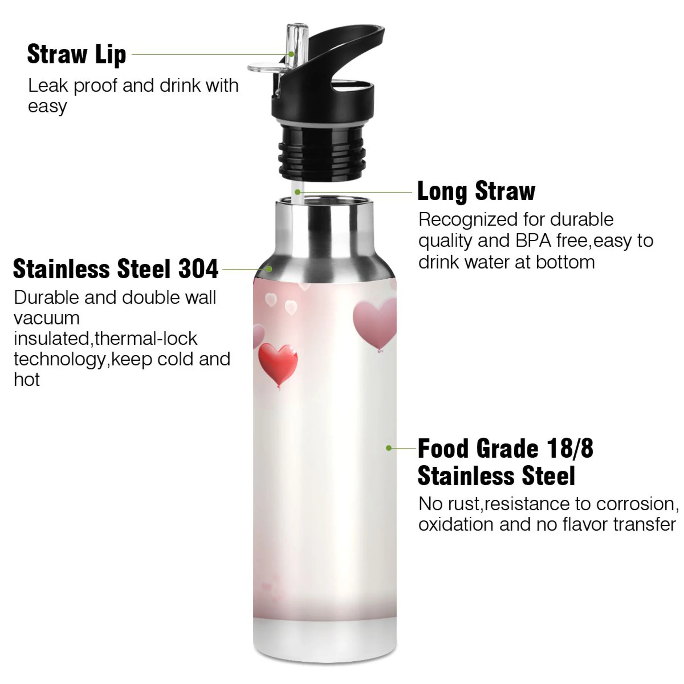 Love Hearts Water Bottles Insulated Thermos Kids Stainless Steel Bottle with Straw Lid Flask Leakproof for Sports Gym 20 oz