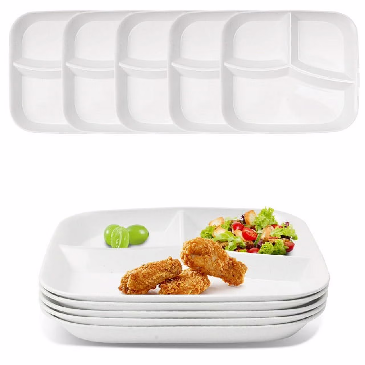 YUESHENGHAO10-inch(5pcs)unbreakable wheat child/adult divider plate, 3-compartment foodplate/lightweight reusable square plastic divider plate/Microwave dishwasher-safe divider plate, BPA-Free (white)
