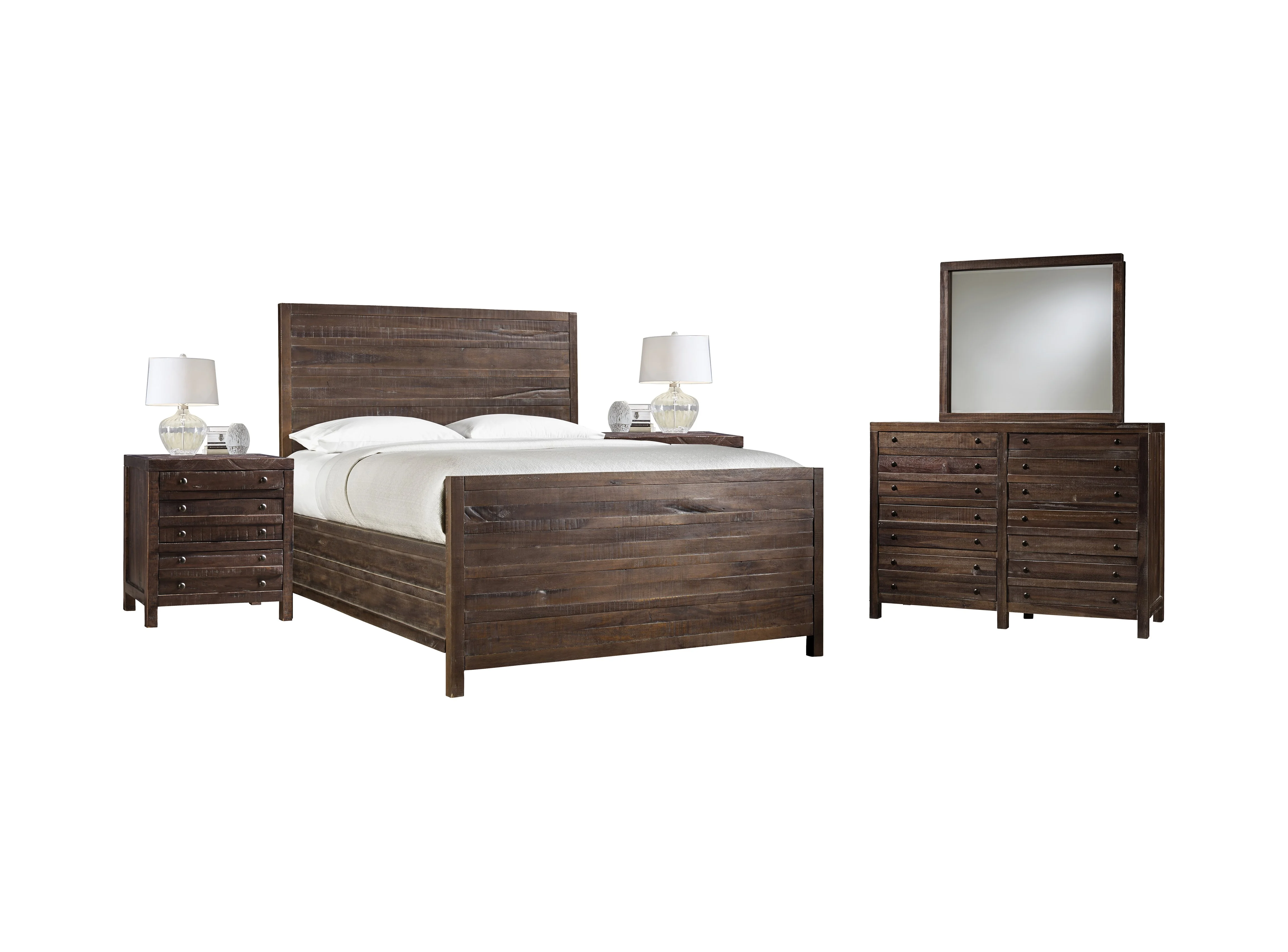 Tempton 5PC Queen Platform Bed, 2 Nightstand, Dresser & Mirror Set in Coffee Brown