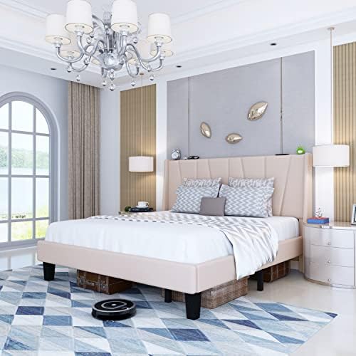 RUNFAYBIU King Size Platform Bed Frame with Geometric Wingback Headboard  Wooden Slats Support  No Box Spring Needed  Easy Assembly  Gray