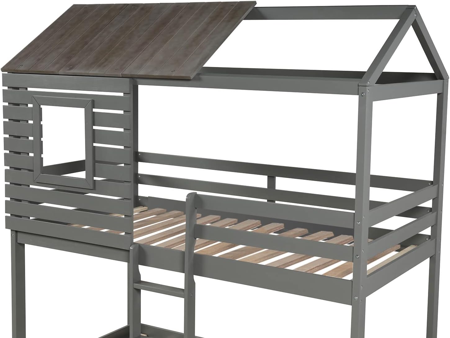 Over Bunk Bed, Wood House Bed Loft Bed Bedroom Furniture With Roof, Window, Guardrail & Ladder (Gray, Over )