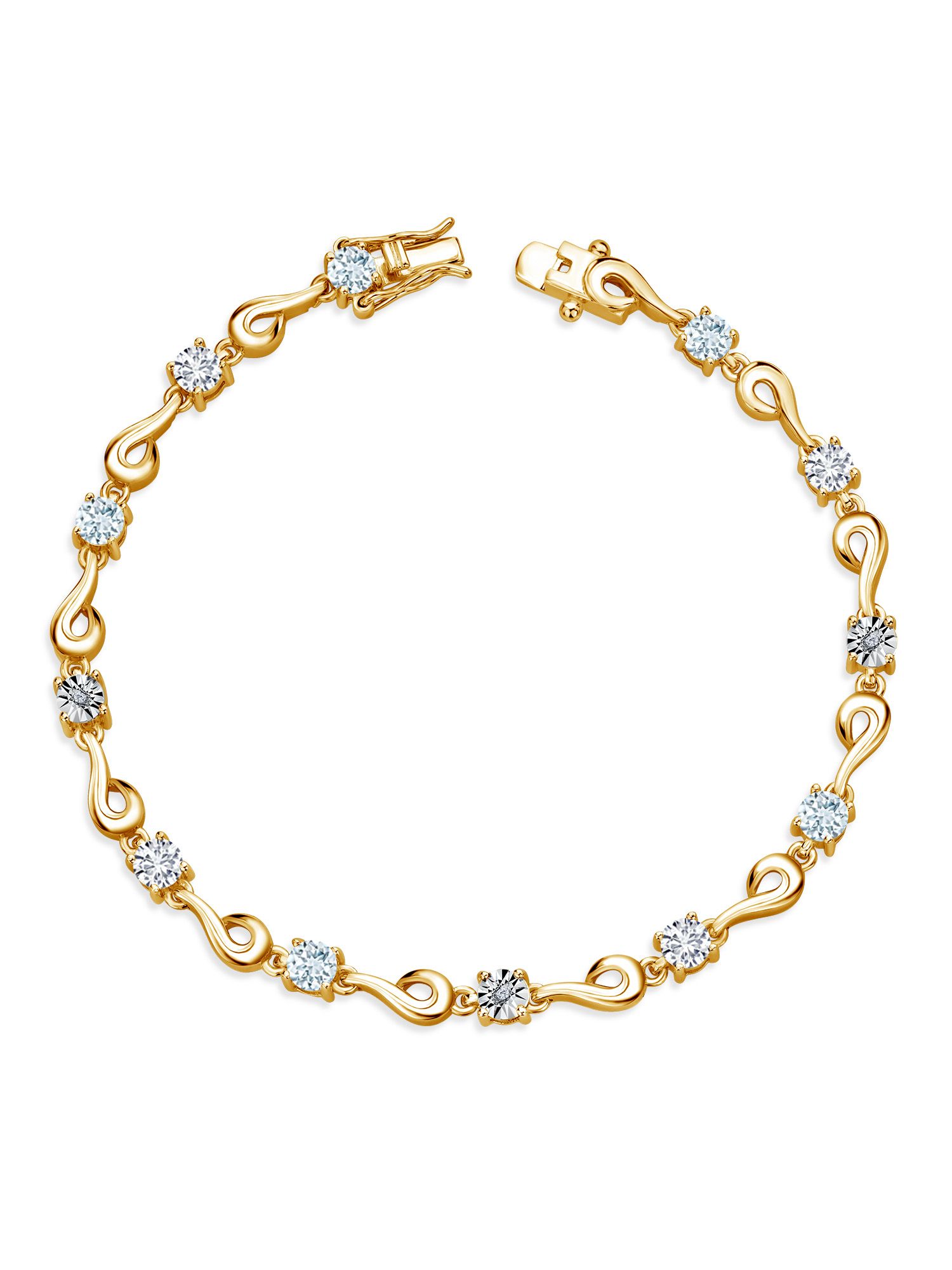 Gem Stone King 18K Yellow Gold Plated Silver Sky Blue Aquamarine and White Lab Grown Diamond Bracelet For Women (2.35 Cttw, Gemstone March Birthstone, Round 4MM, 7 inch)