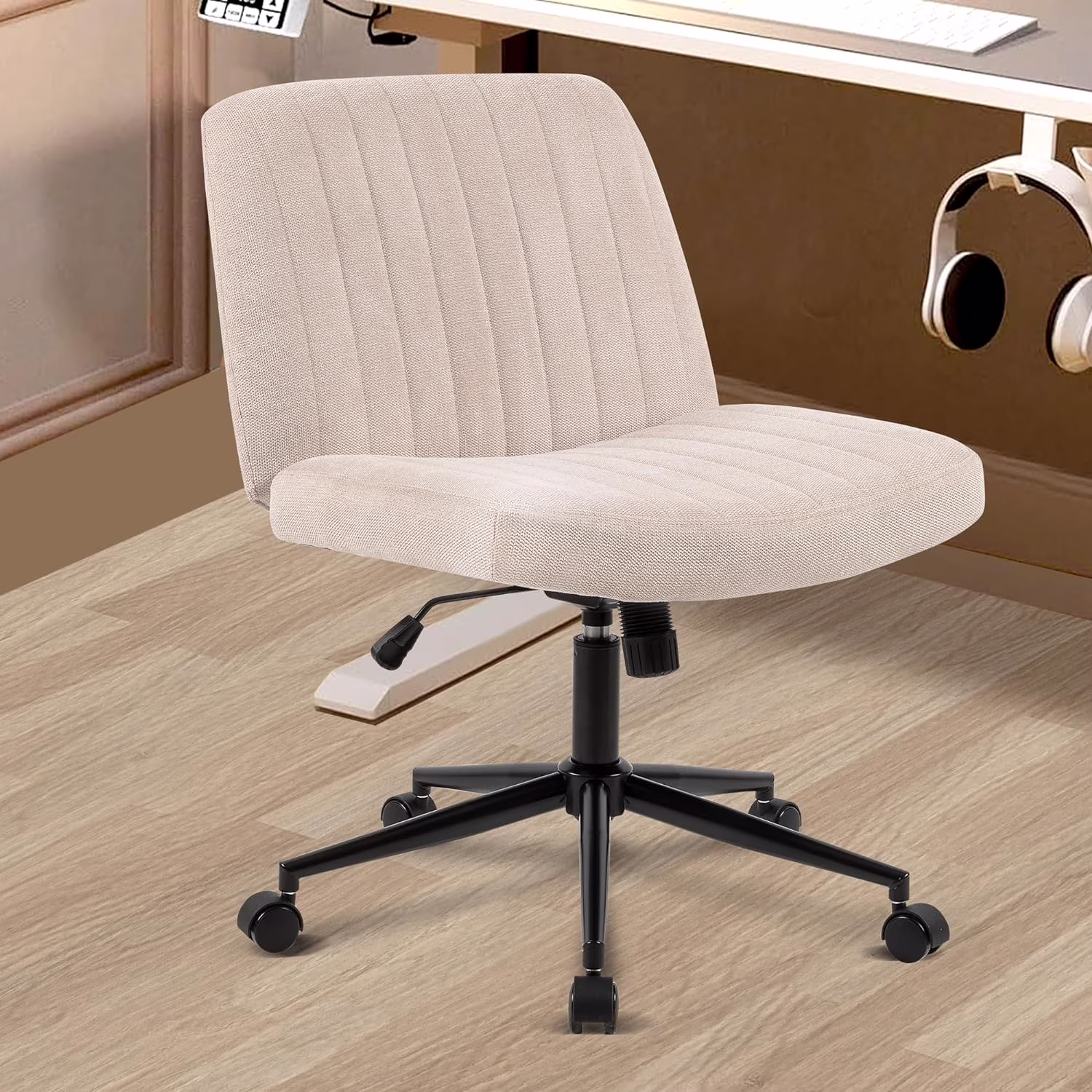 Home Office Desk Swivel Chair with Wheels Armless, Fabric Padded, Height Adjustment, 120° Rocking, Cross Legged Chair wide for Office, Home, Small Space, Bedroom, Vanity Chair for Make up, Beige