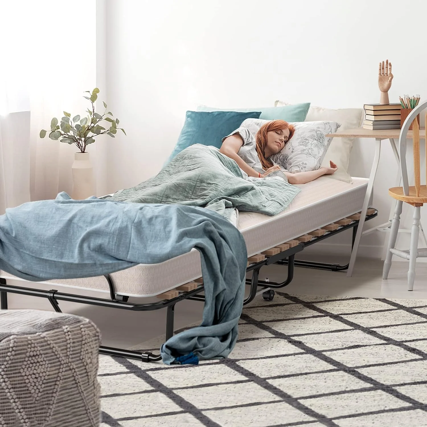 NLIBOOMLife Folding Bed with Memory Foam Mattress Fold Out Cot Size Rollaway Guest Bed with Sturdy Metal Wood Frame  75 x 31.5 Inch