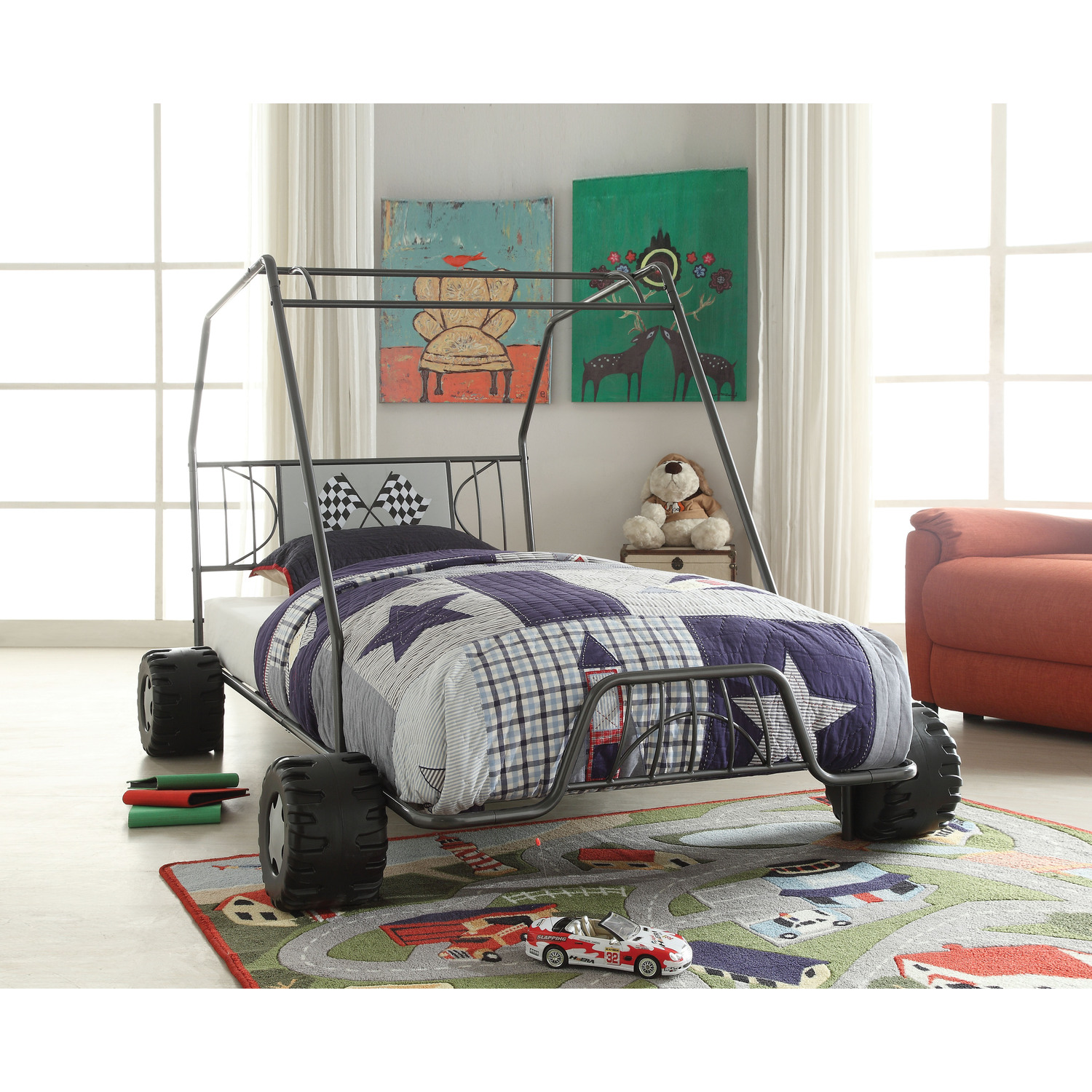 Benzara  Metal Go Kart Style Twin Bed, Black