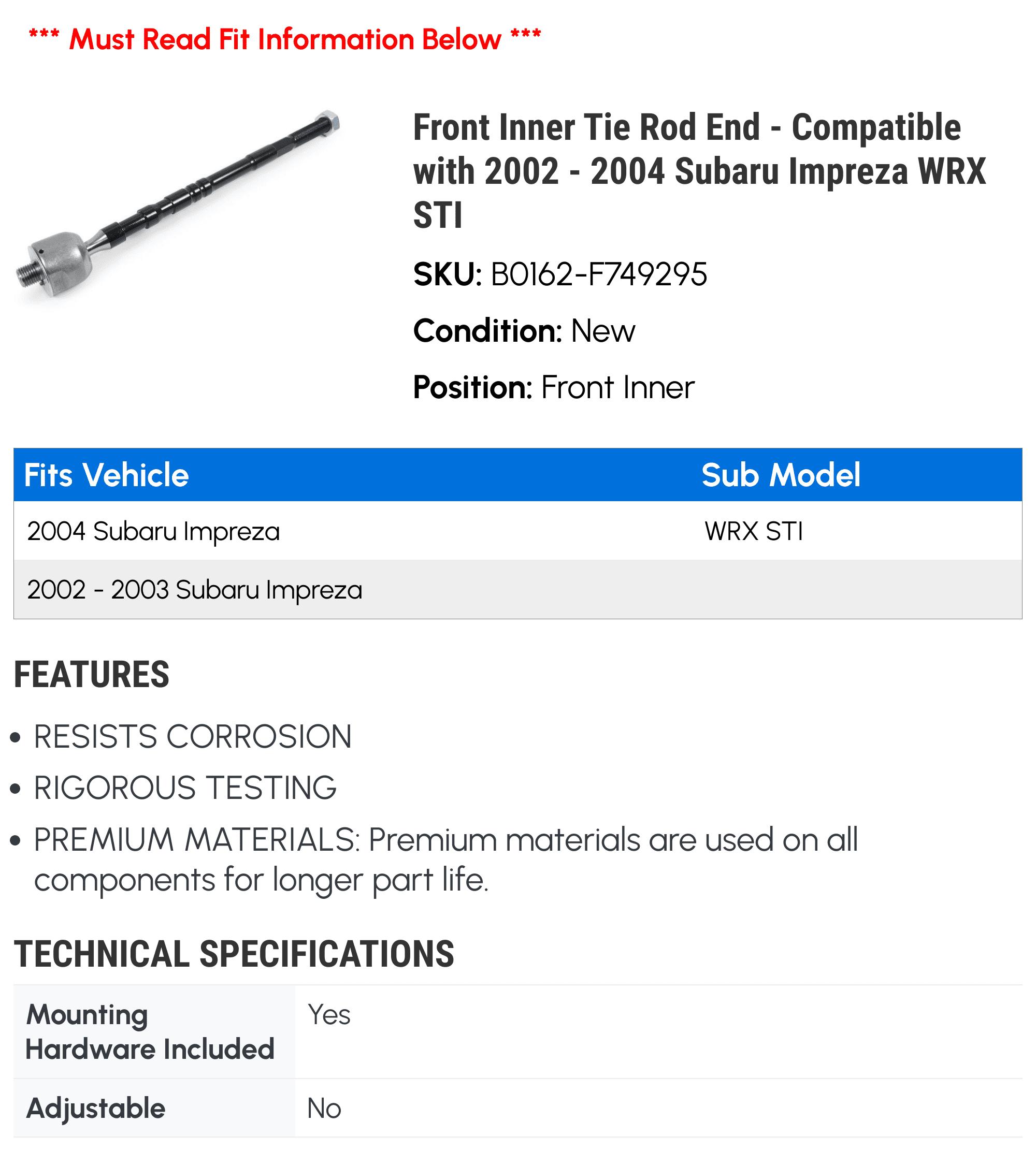 Front Inner Tie Rod End - Compatible with 2002 - 2004 Subaru Impreza WRX STI 2003