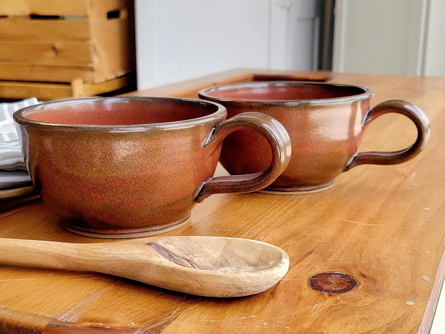Farmhouse Soup Bowls With Handles Set Of 2 Deep Large - Hanging Kitchen Chowder Mugs - Handmade Pottery Decor (Rust)
