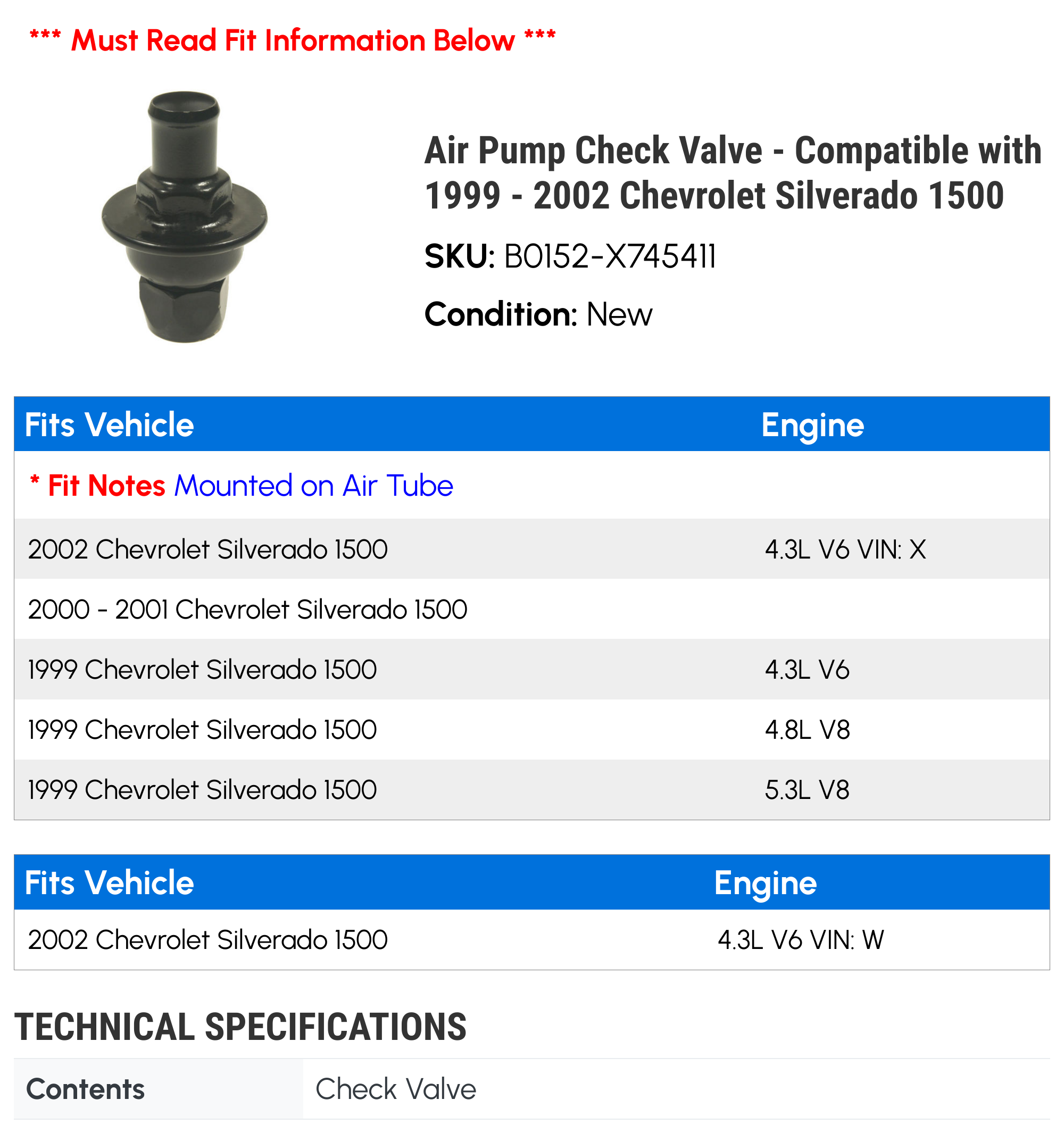 Air Pump Check Valve - Compatible with 1999 - 2002 Chevy Silverado 1500 2000 2001