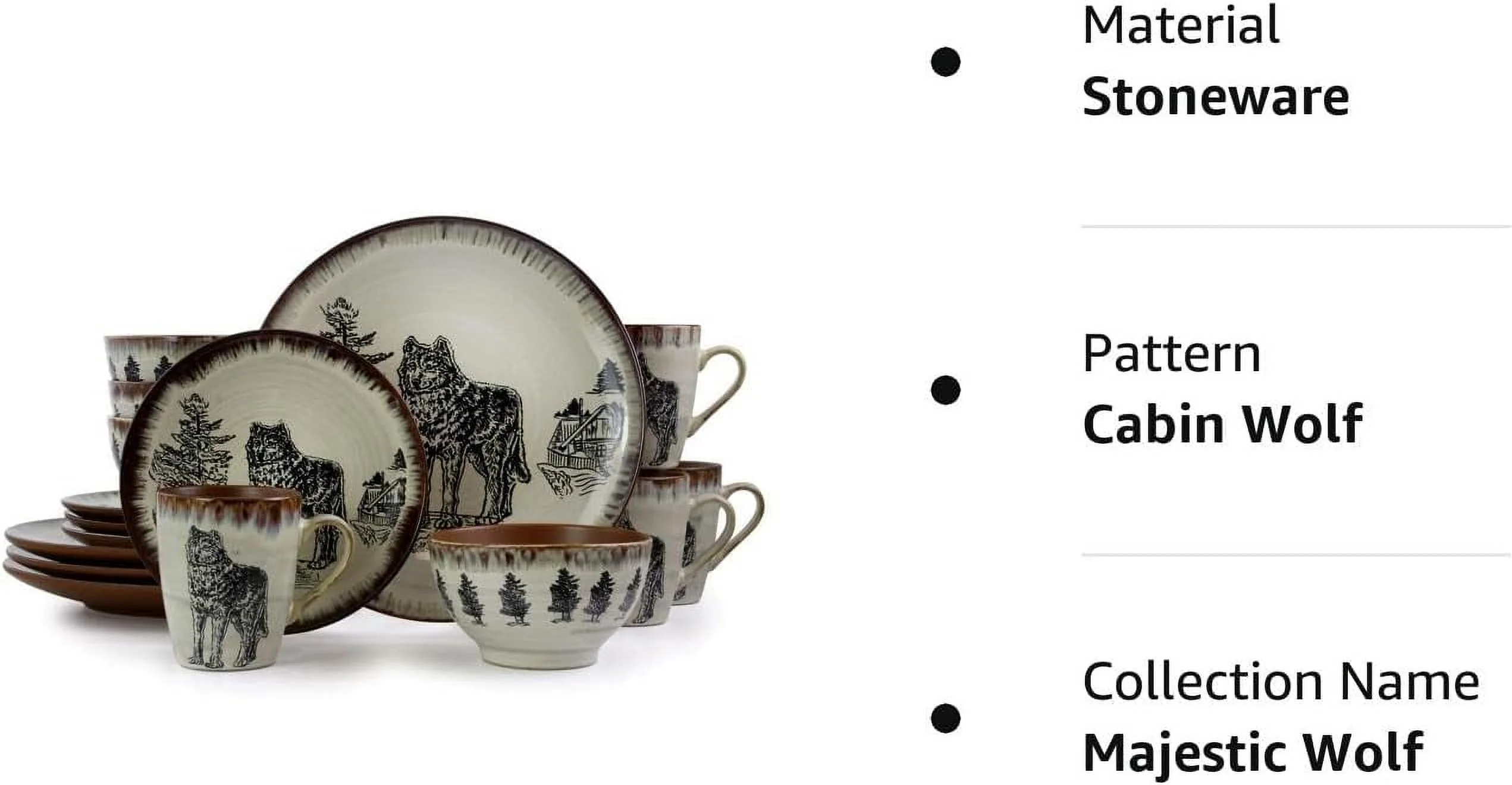 Round Stoneware Cabin Dinnerware Dish Set, 16 Piece, Design With Warm Taupe And Brown Accents