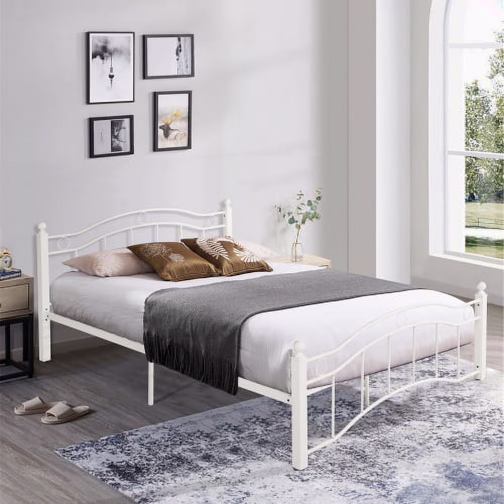 Hcore Queen Size Metal Bed Frame with Headboard and Footboard White