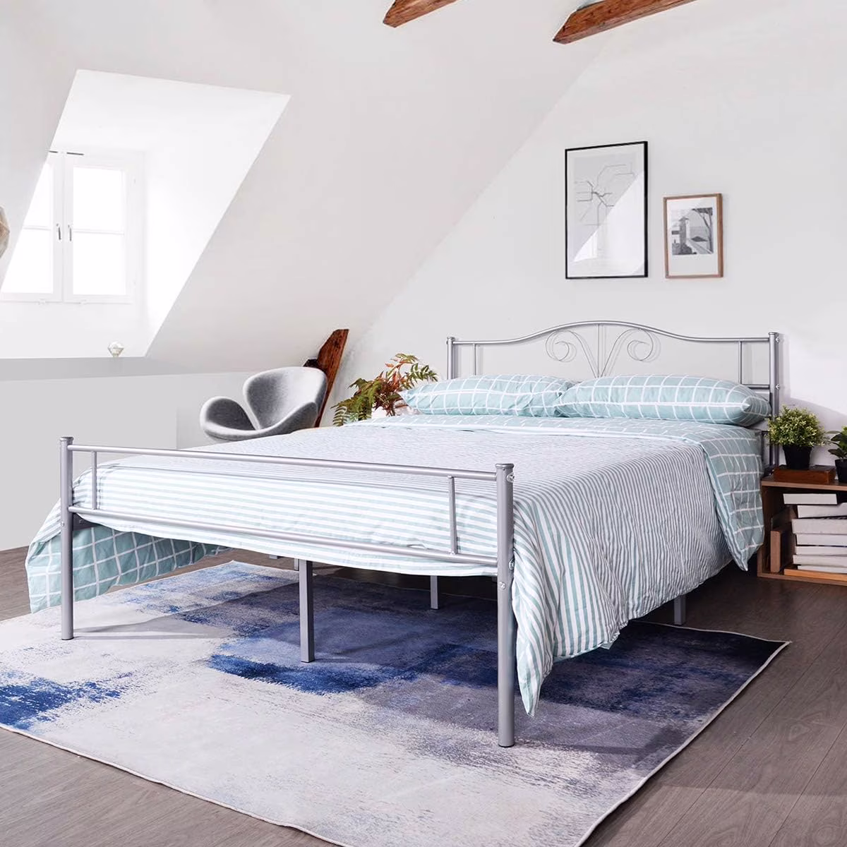 Heavy Duty Metal Full Size Bed Frame Steel Mattress Foundation Silver Coated Headboard Single Bed, No Box Spring Needed Storage Needed