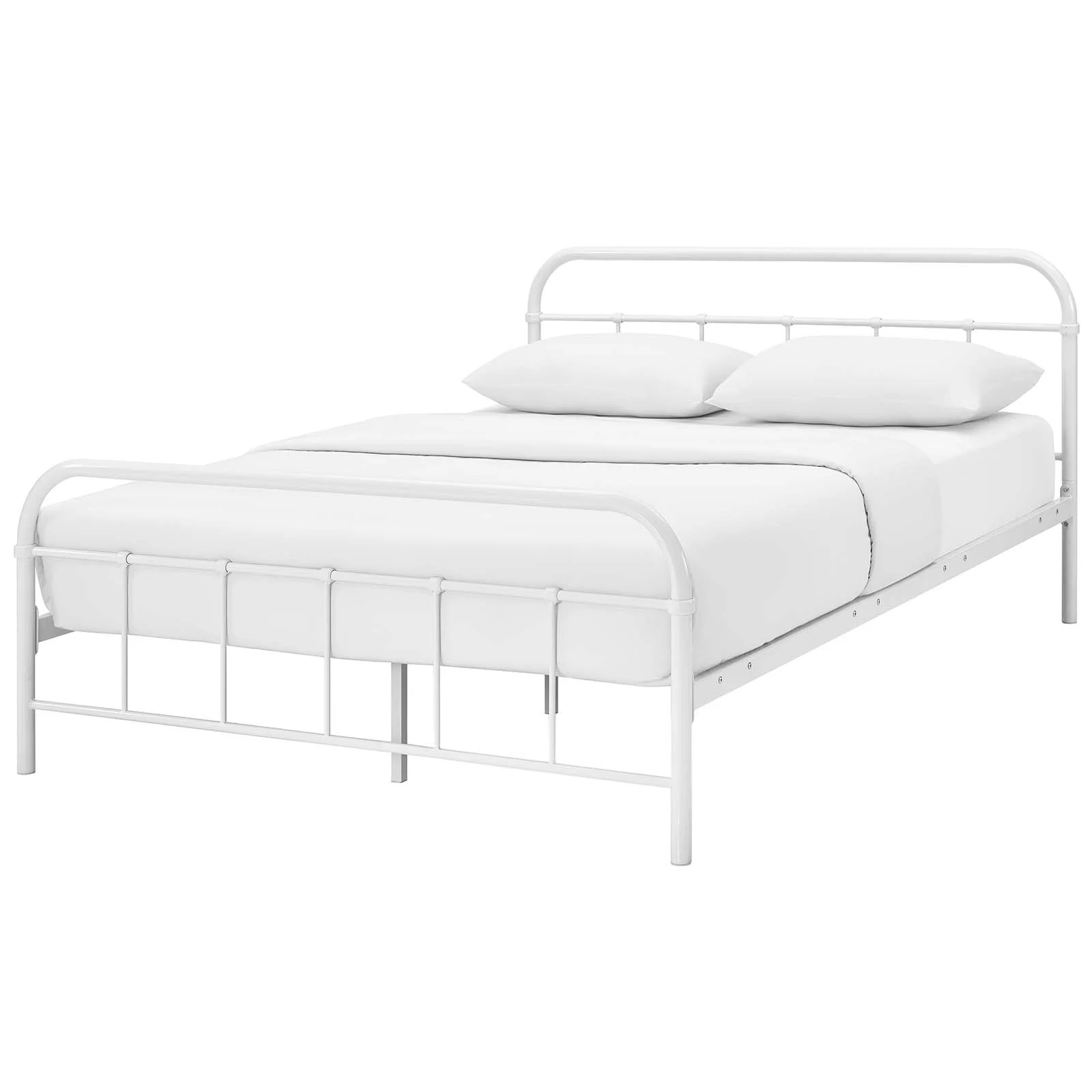 Industrial Country Cottage Farm Beach House Bedroom Queen Size Platform Bed Frame, Metal Steel Stainless Steel, White