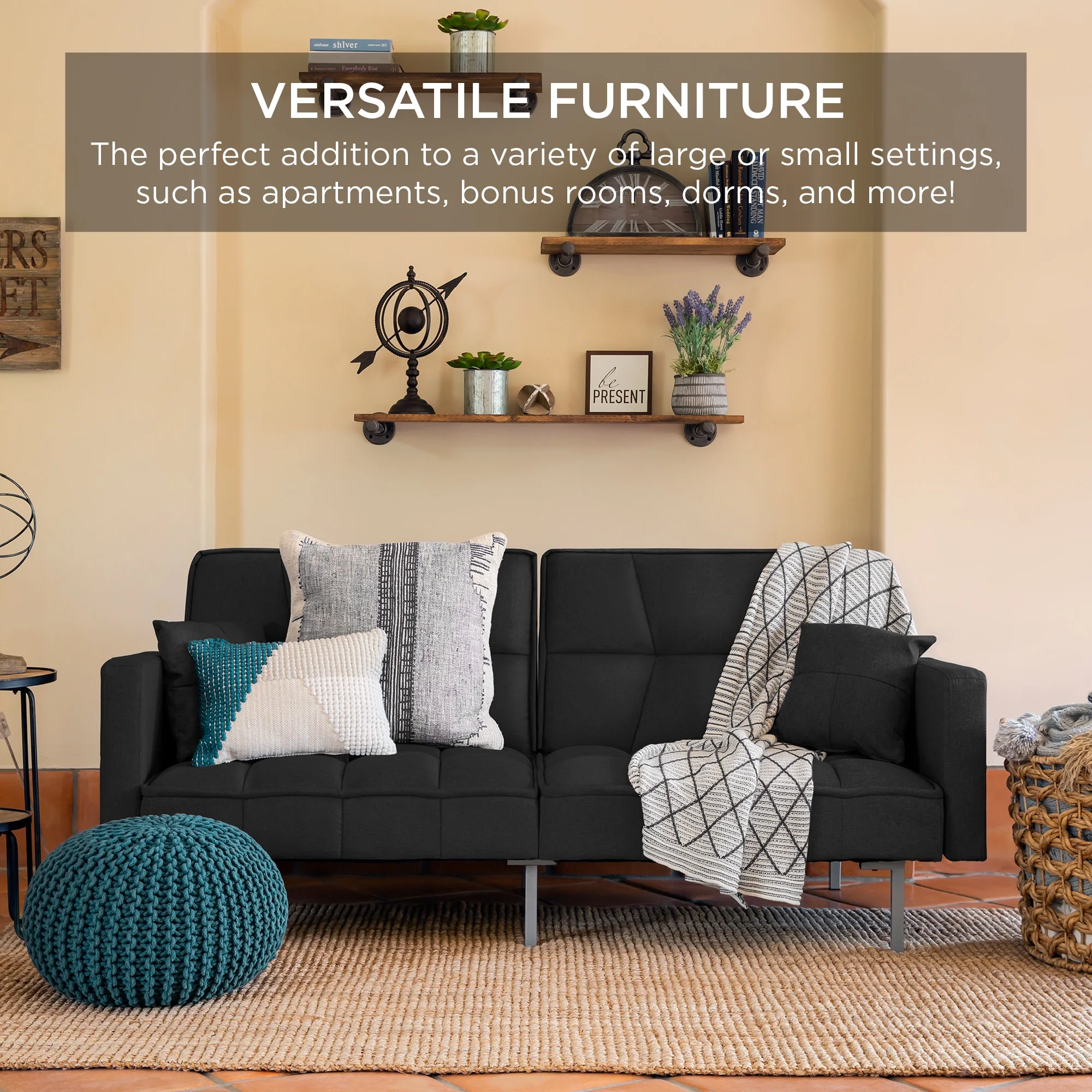 Best Choice Products Convertible Living Room Linen Fabric Tufted Split-Back Futon Sofa w/ 2 Pillows - Black