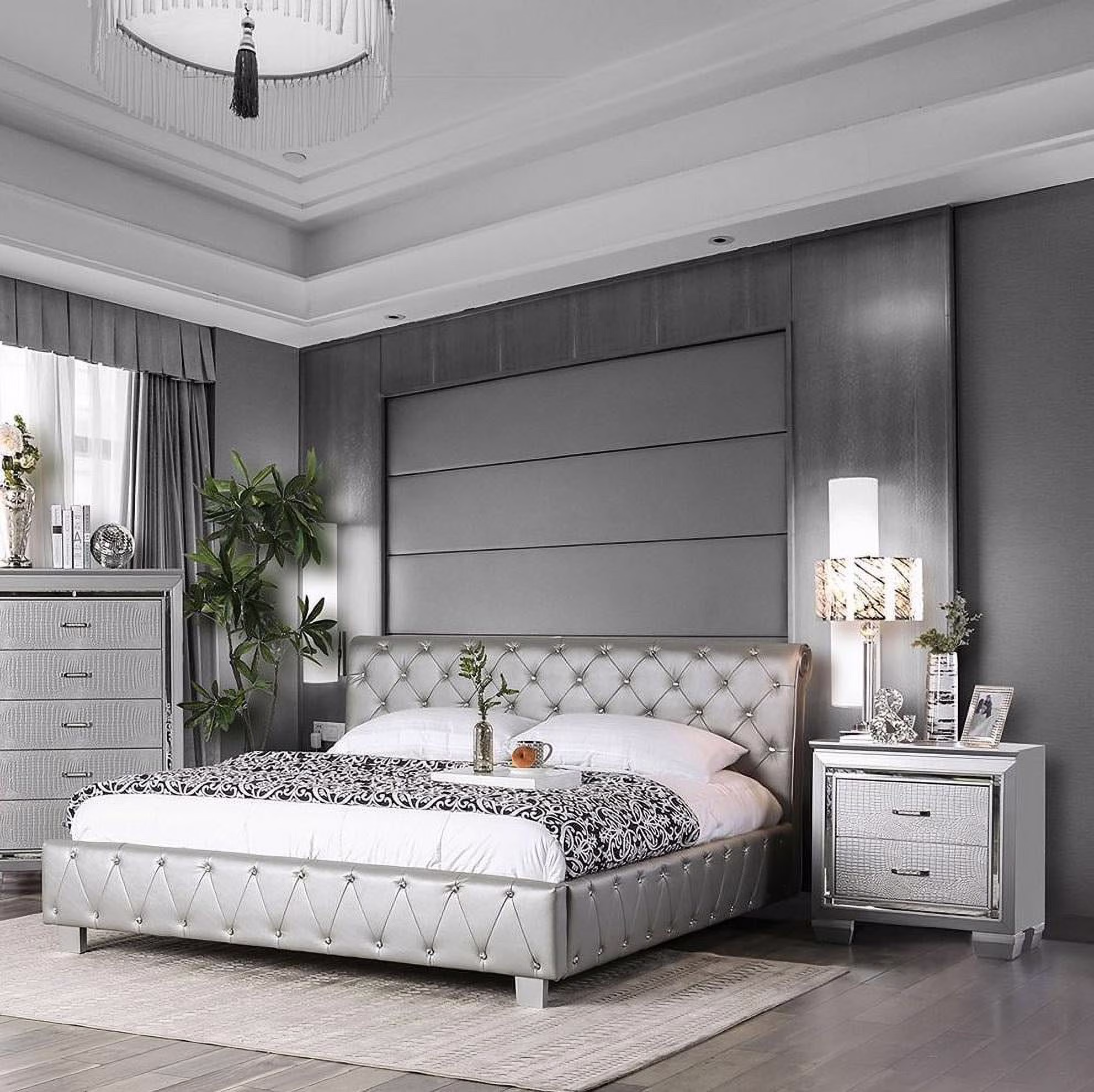 Contemporary Silver Solid Wood King Bedroom Set 3pcs FOA CM7056SV-EK Juilliard