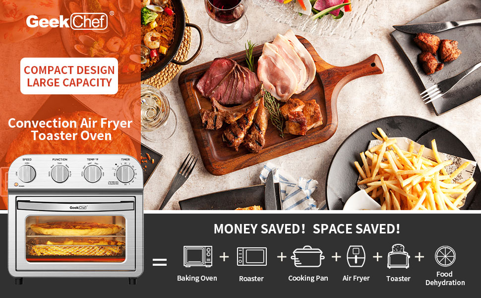 Geek Chef 10.6QT Air Fryer Oven 4 Slice Toaster Oven Convection Air Fryer Combo Broil Toast Bake Air Fry Oil-Free