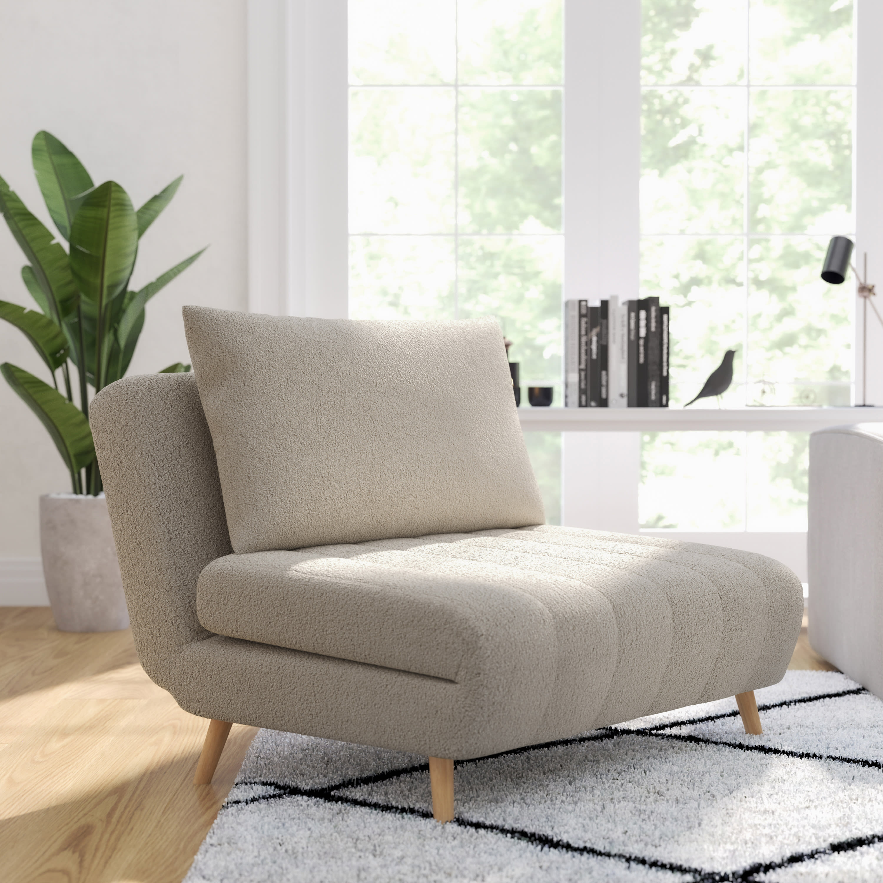 Merrick Lane Convertible Tri-Fold Sleeper Chair with Channel Stitching and Pillow in Cream Boucle