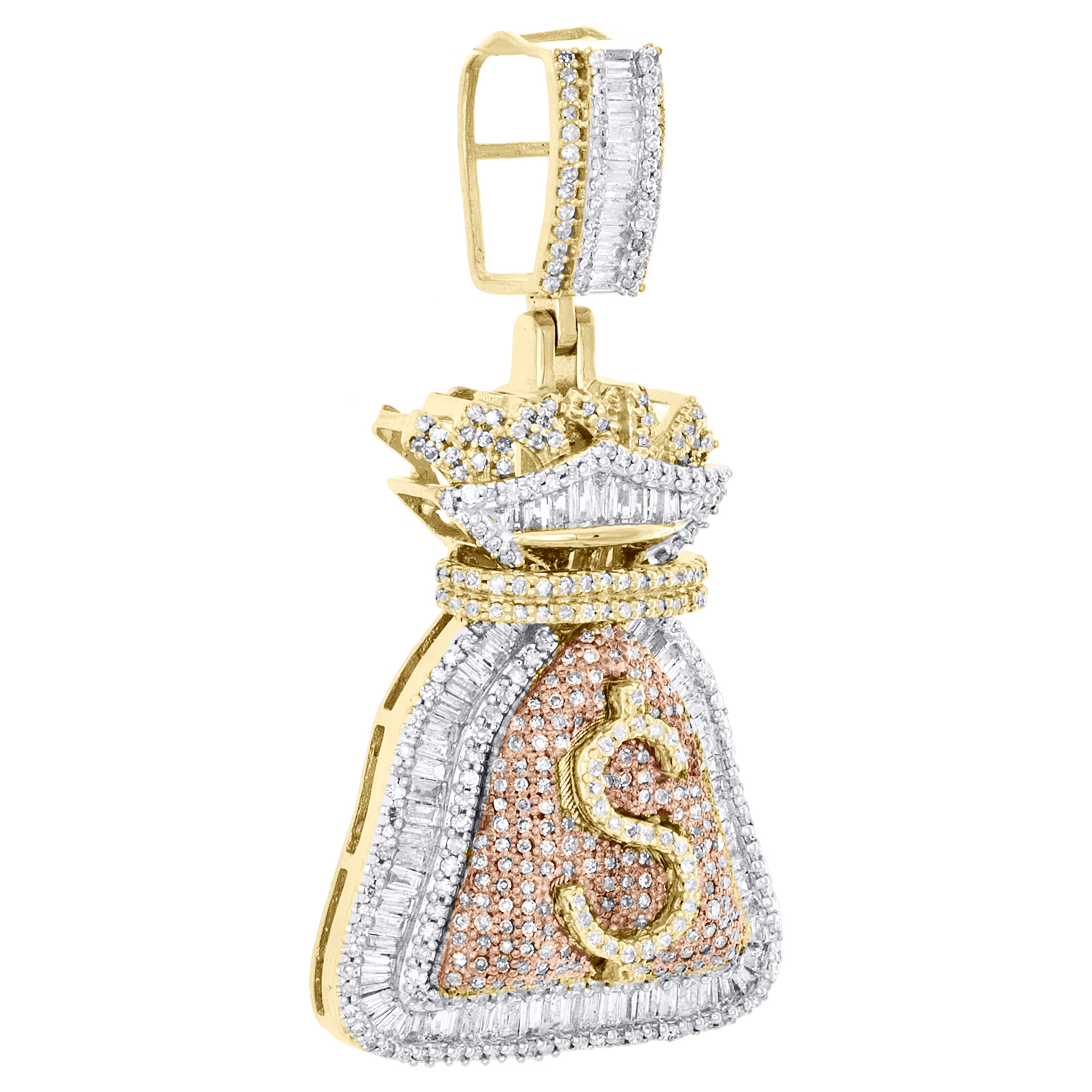 10K Yellow Gold Round & Baguette Diamond Money Bag Pendant 1.75