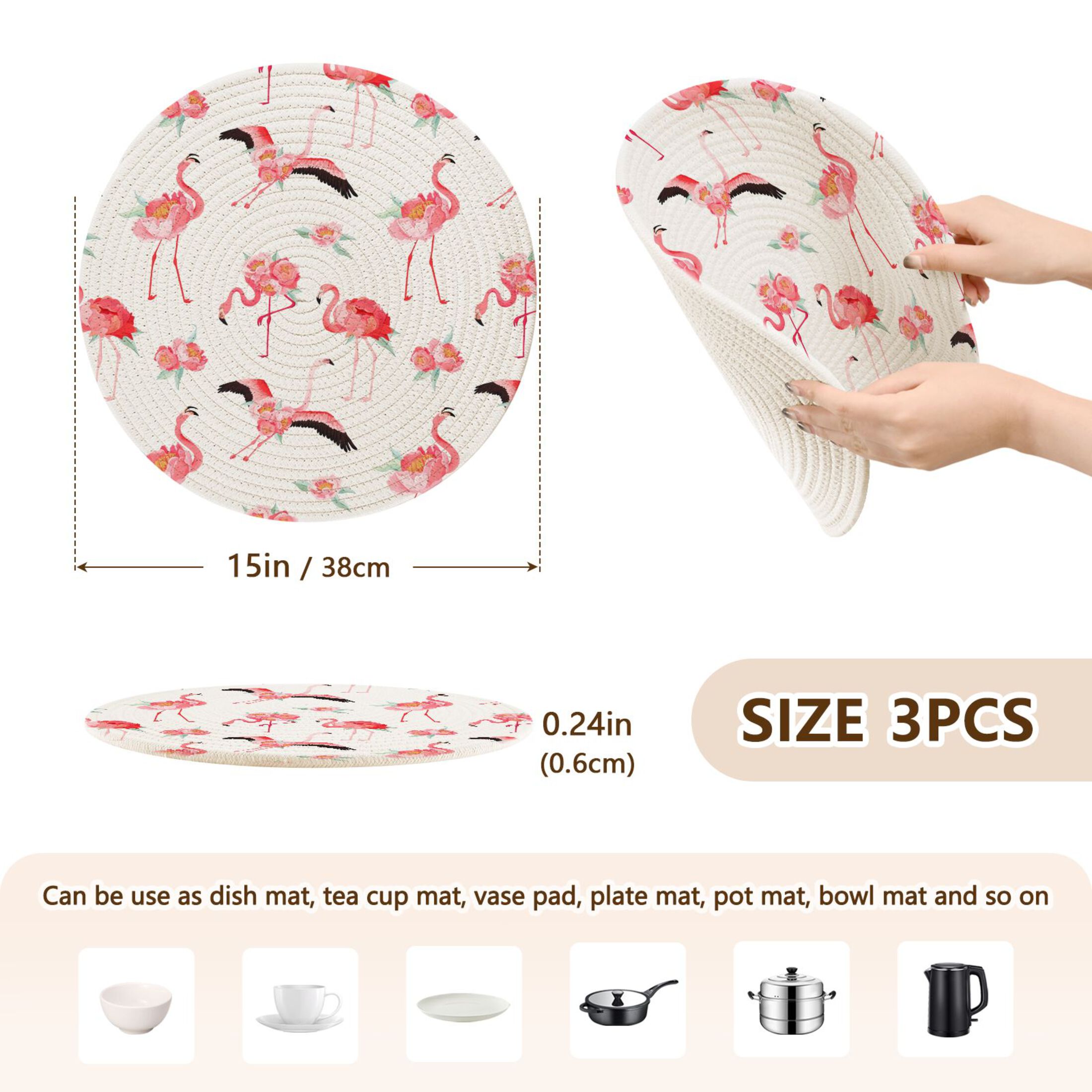Tropical Flamingo with Peony Flowers 3 PCs Pot Holders Trivets Kitchen 15