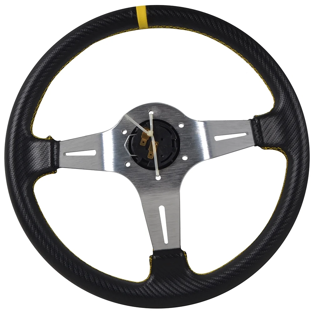 Ikon Motorsports Compatible with 350MM PVC 6 Hole Steering Wheel Deep Dish Silver Spoke Yellow & Black Emblem