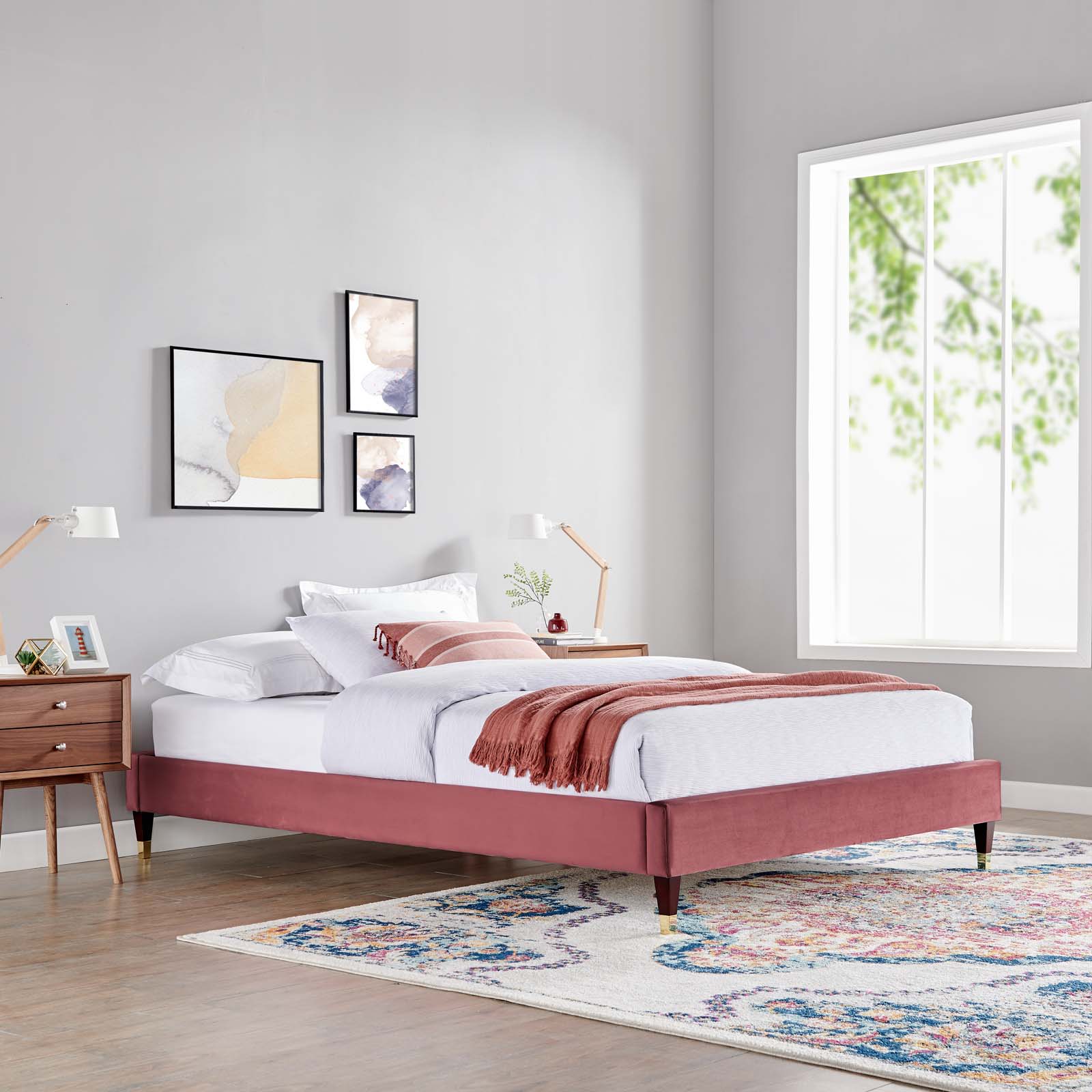 Modway Harlow Twin Performance Velvet Platform Bed Frame in Dusty Rose