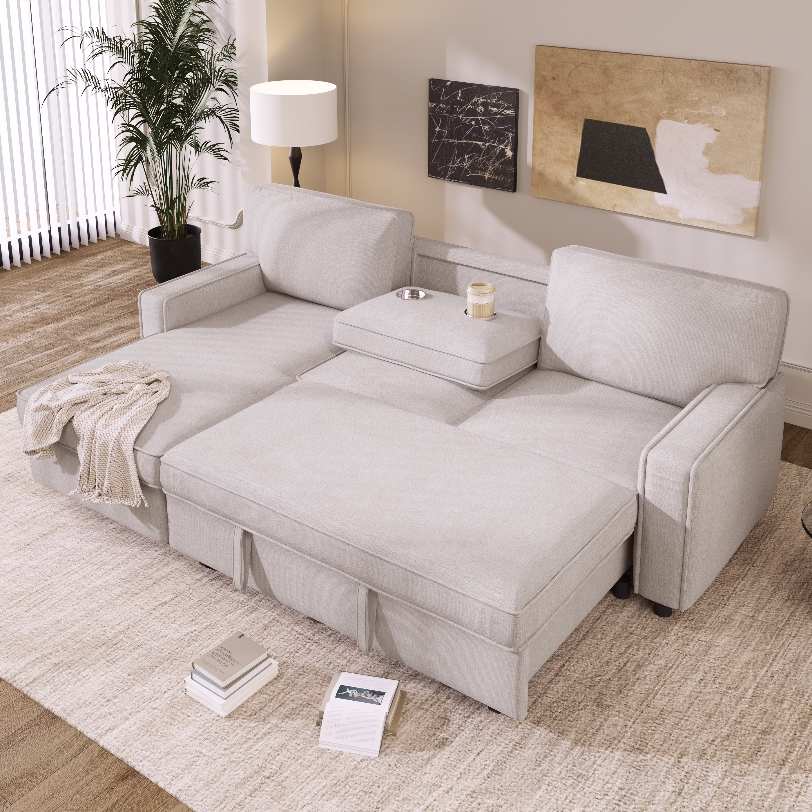 Churanty Pull Out Sofa Bed Sectional 3 Seater Sleeper Sofa Bed with with Storage chaise USB Port and 2 Cup Holders for Living Room Apartment,Beige