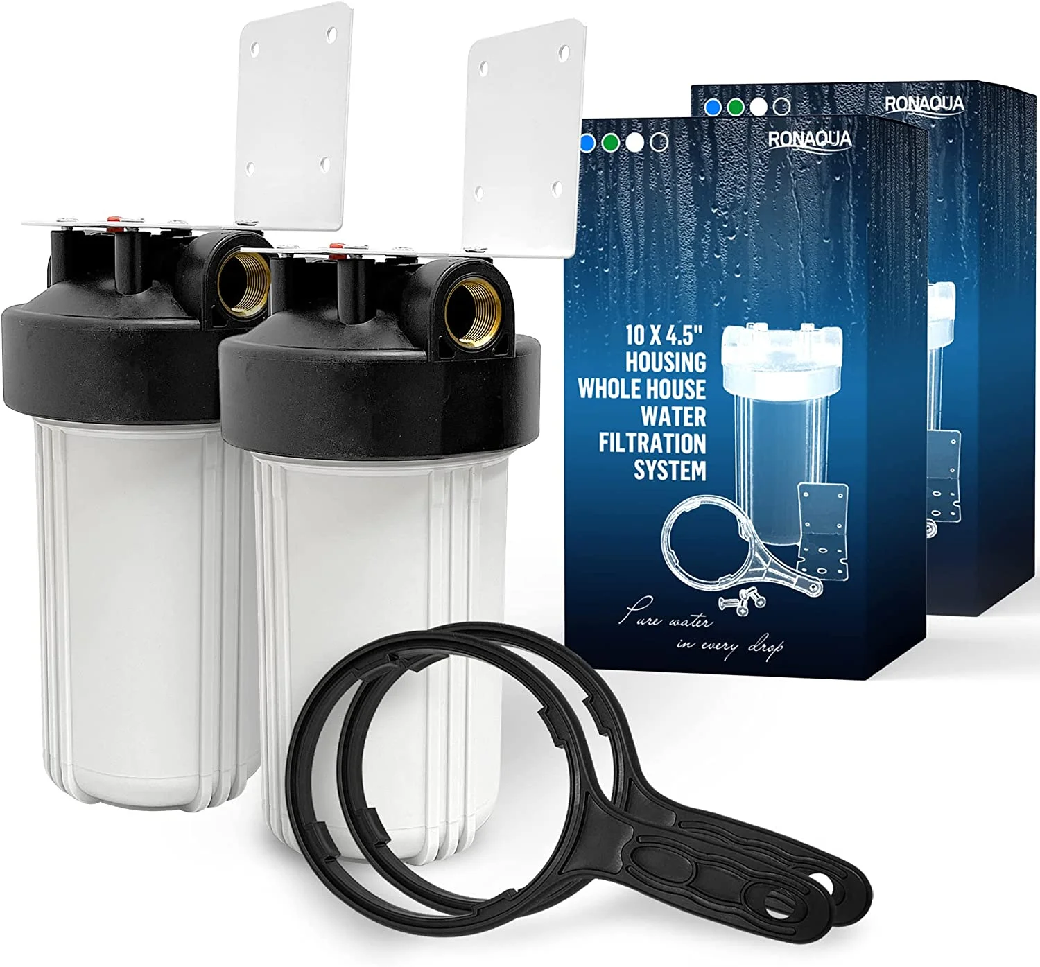 High Capacity 10 x 4.5” Whole House Filter Purifier System for Well or City Water, Presser Relief Button, 1” NPT Brass Port, Double O-ring, Meets NSF Standards & Regulations (White, 2 Sets)