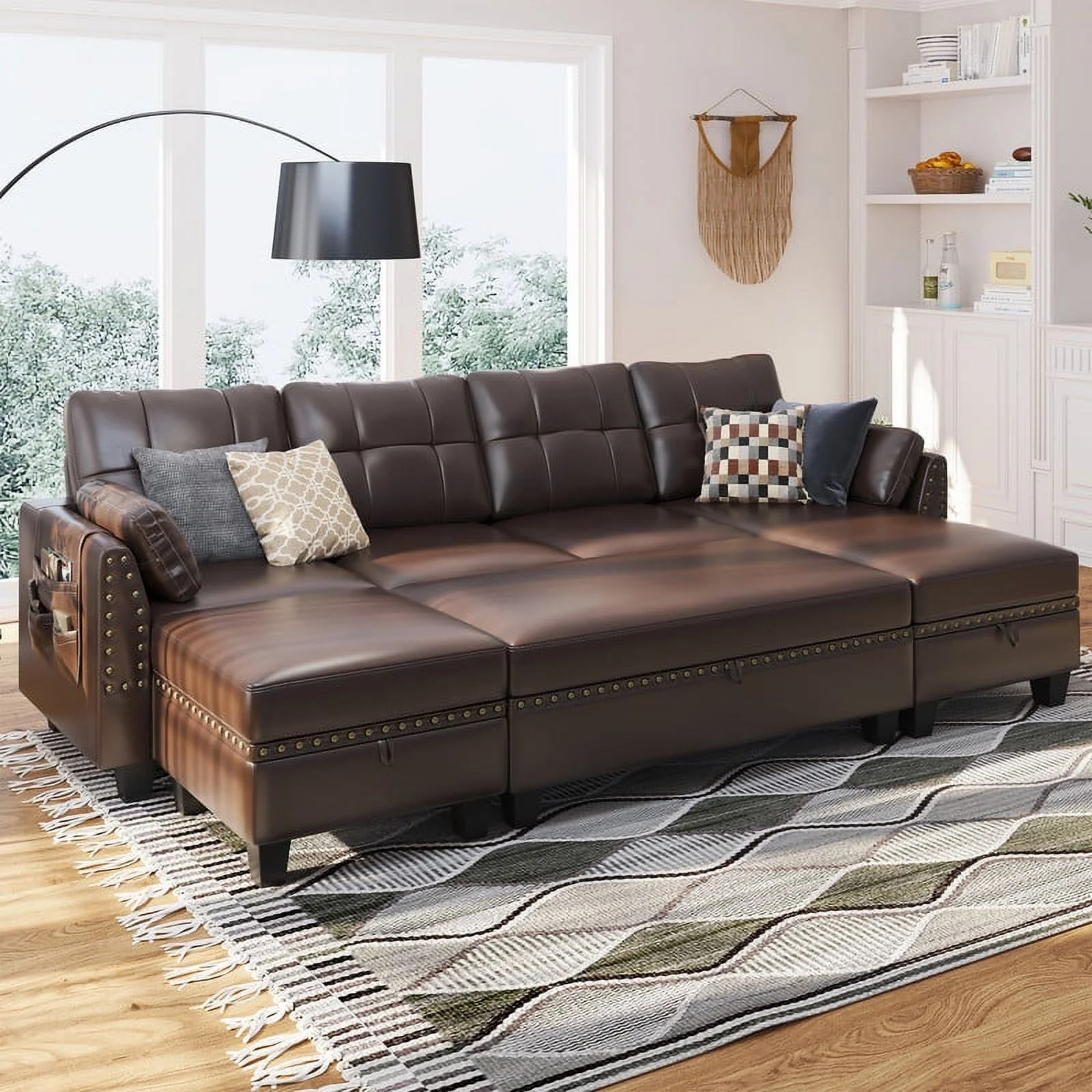 HONBAY Convertible Tufted Faux Leather Sofa Bed with Storage for Living Room, Brown