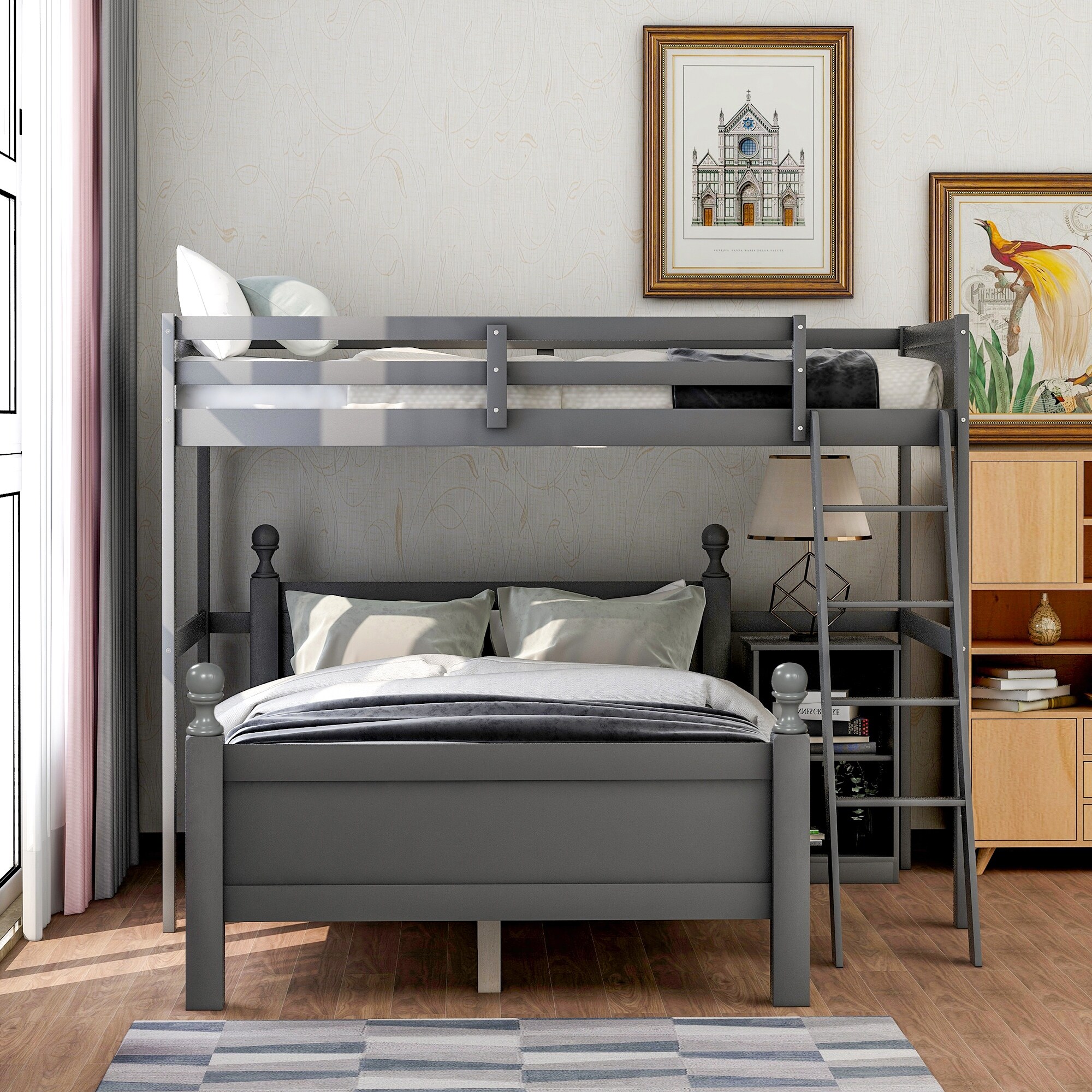 Nestfair  Twin over Full Loft Bed with Cabinet Grey