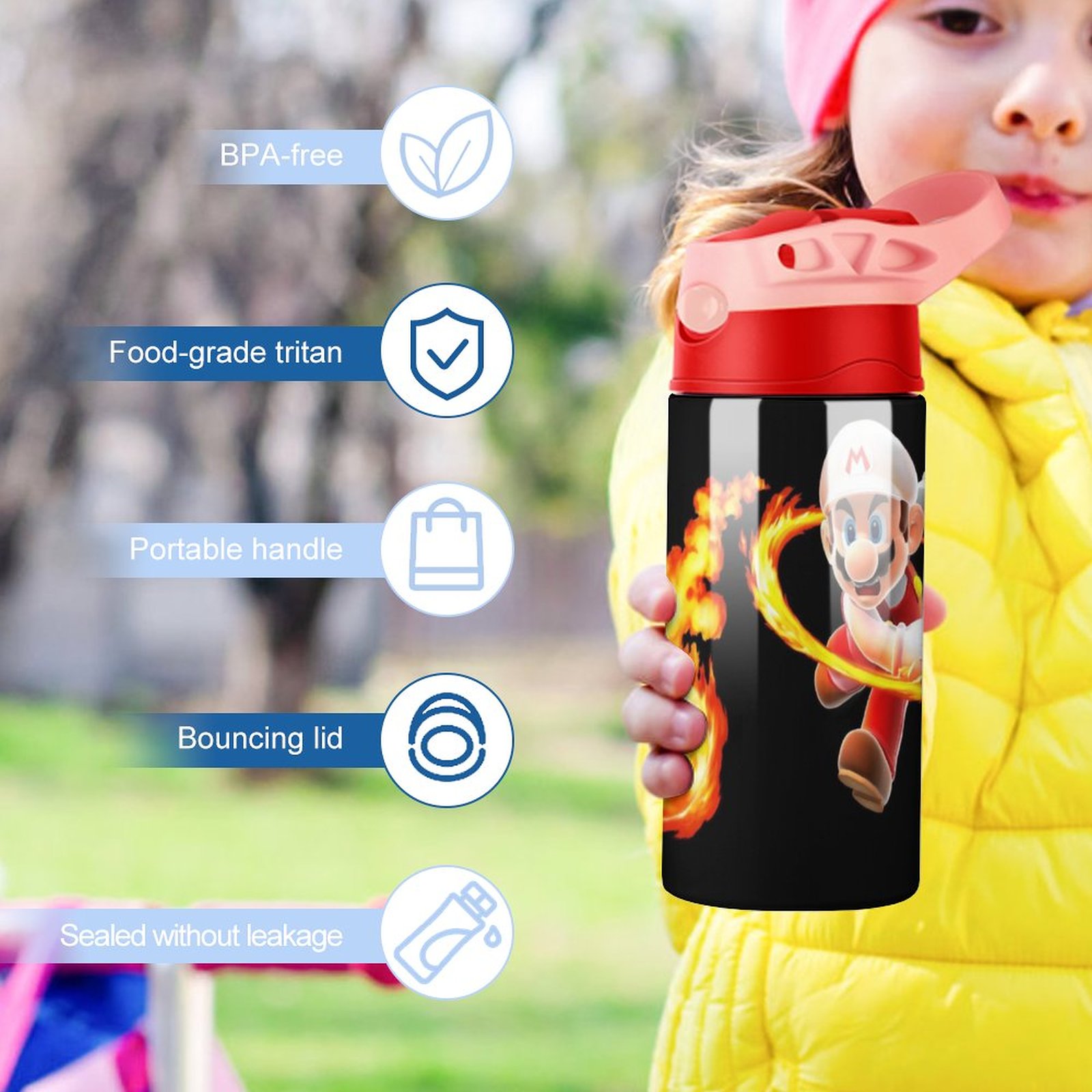 Super Mario Fire Kid's Insulated Water Bottle With Straw Vacuum Stainless Steel Cup Leak-Proof Children Toddler Thermoses