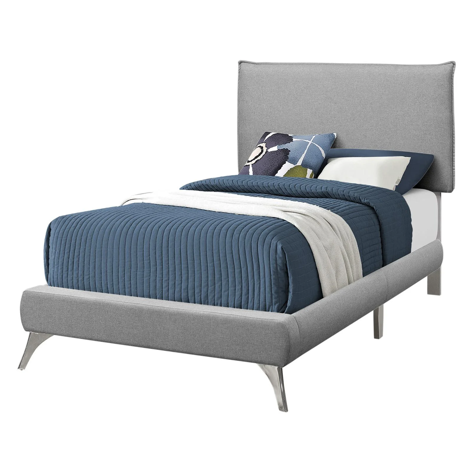 Bed Queen Size Platform Bedroom Frame Upholstered Linen Look Grey Chrome