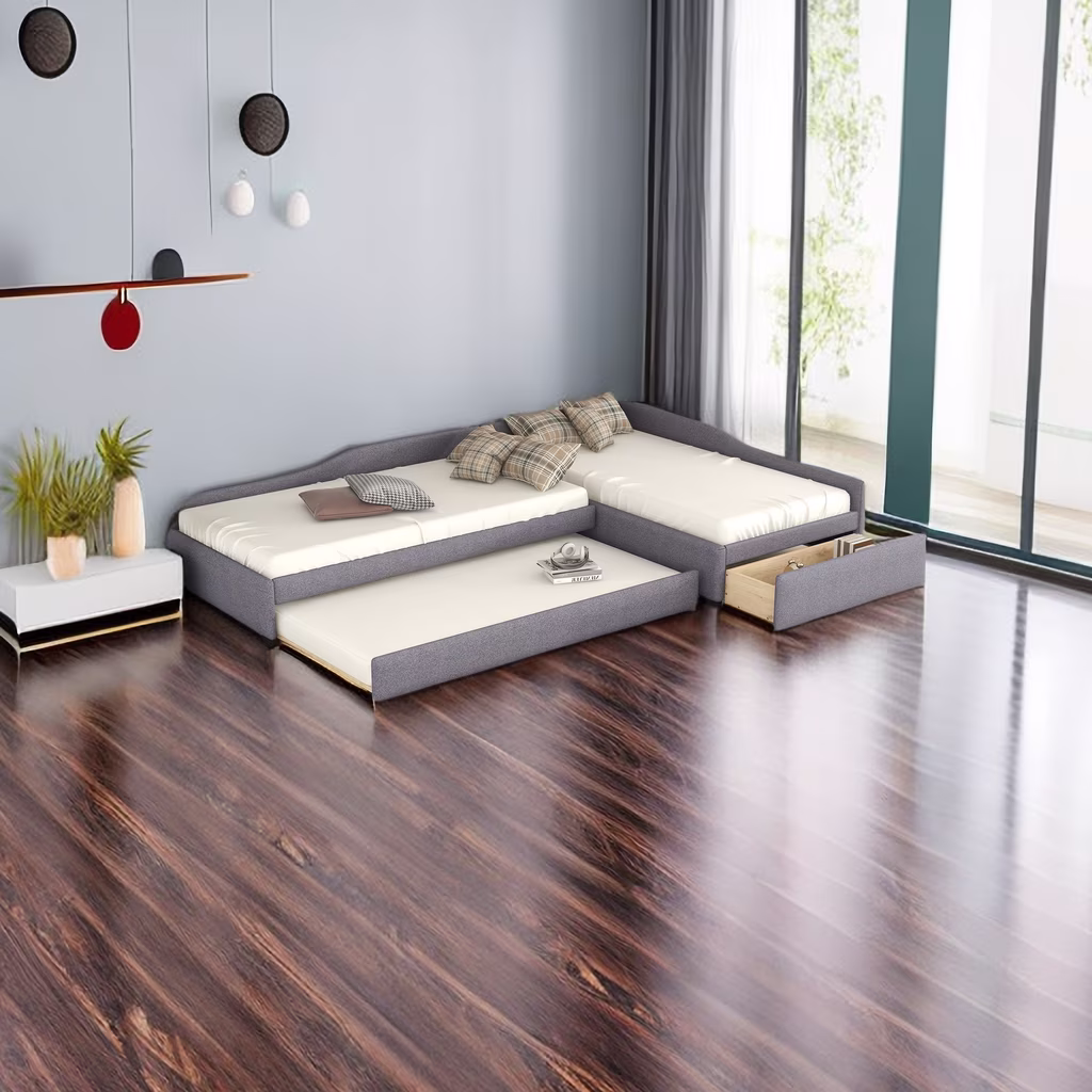 Upholstered Double Twin Size Daybed with Trundle and Storage Drawer, L-Shaped Linen Fabric Daybed Sofa Bed for Bedroom Living Room Guest Room Office