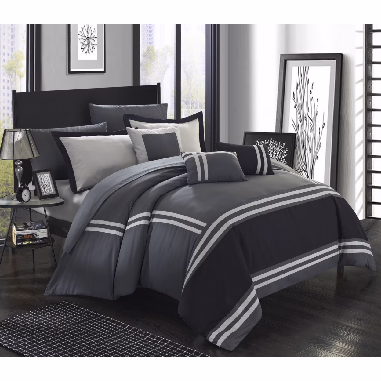 Chic Home 10 Piece Annabel Supersoft Oversized pieced color block banding collection Bed In a Bag Comforter Set