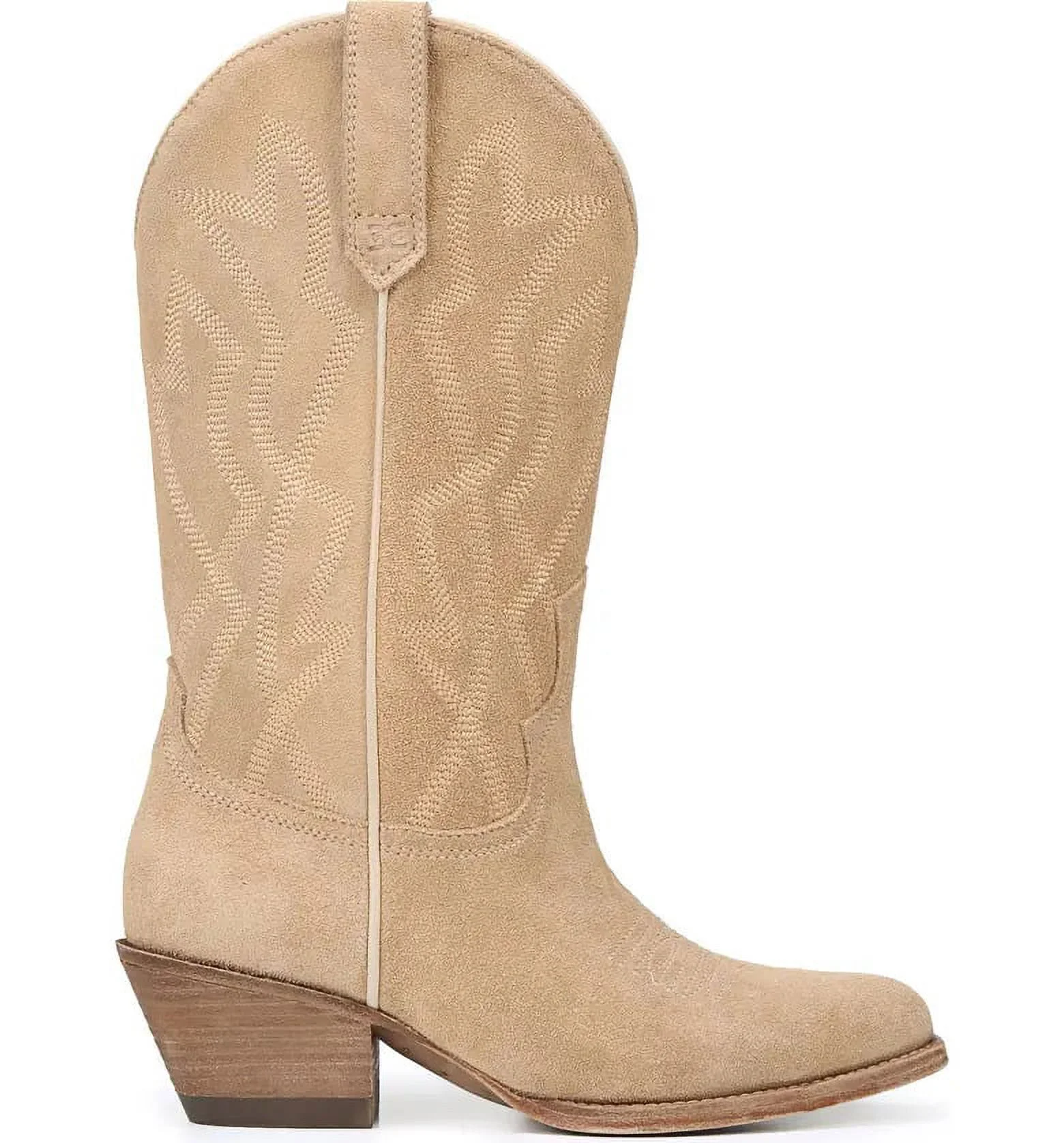 Sam Edelman Fuller Sand Suede Stacked Heel Pointed Toe Pull On Western Boots (Sand Suede, 10)