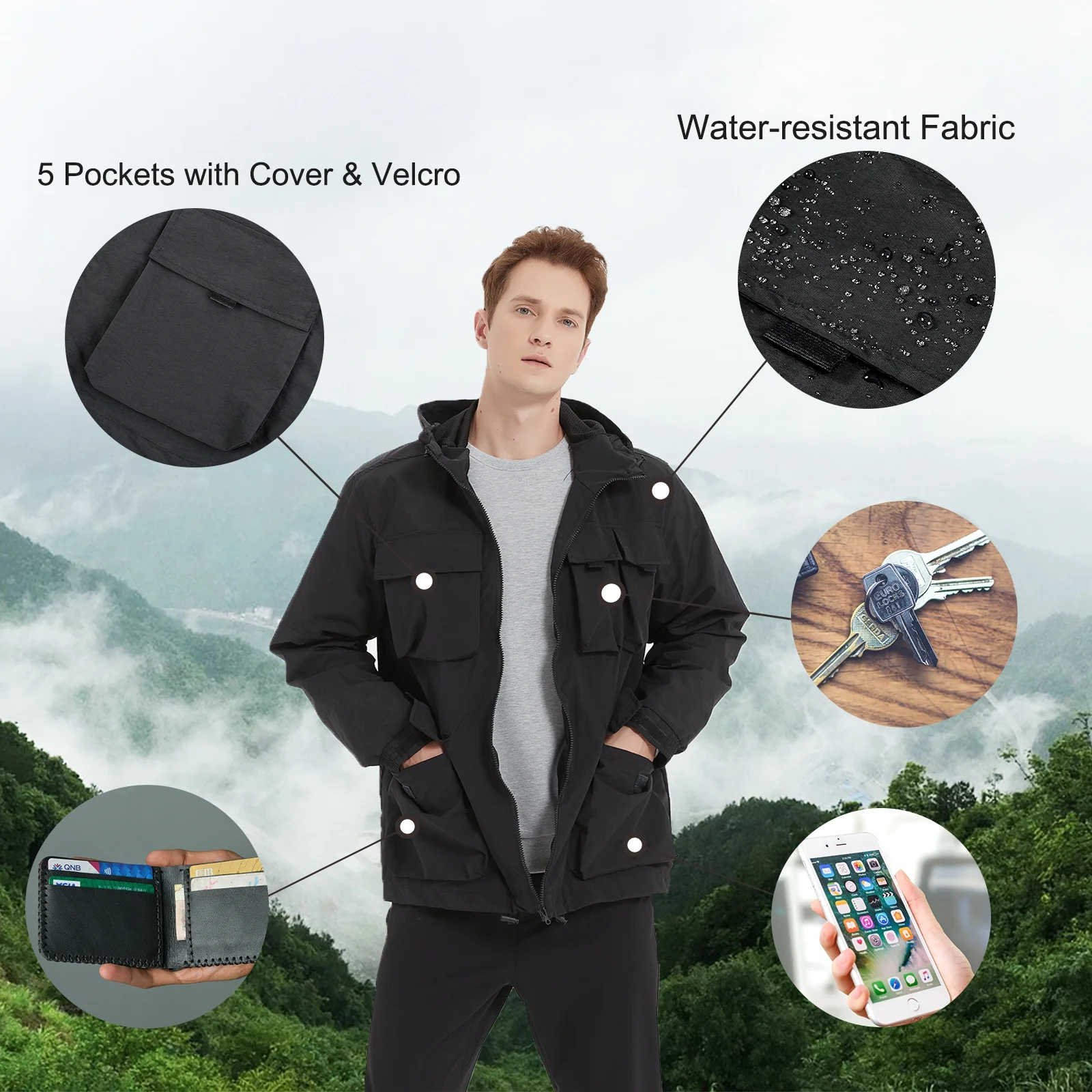 Mens Windbreaker Jacket Lightweight Water-Resistant Wind Breakers Hooded Jacket Black XXL