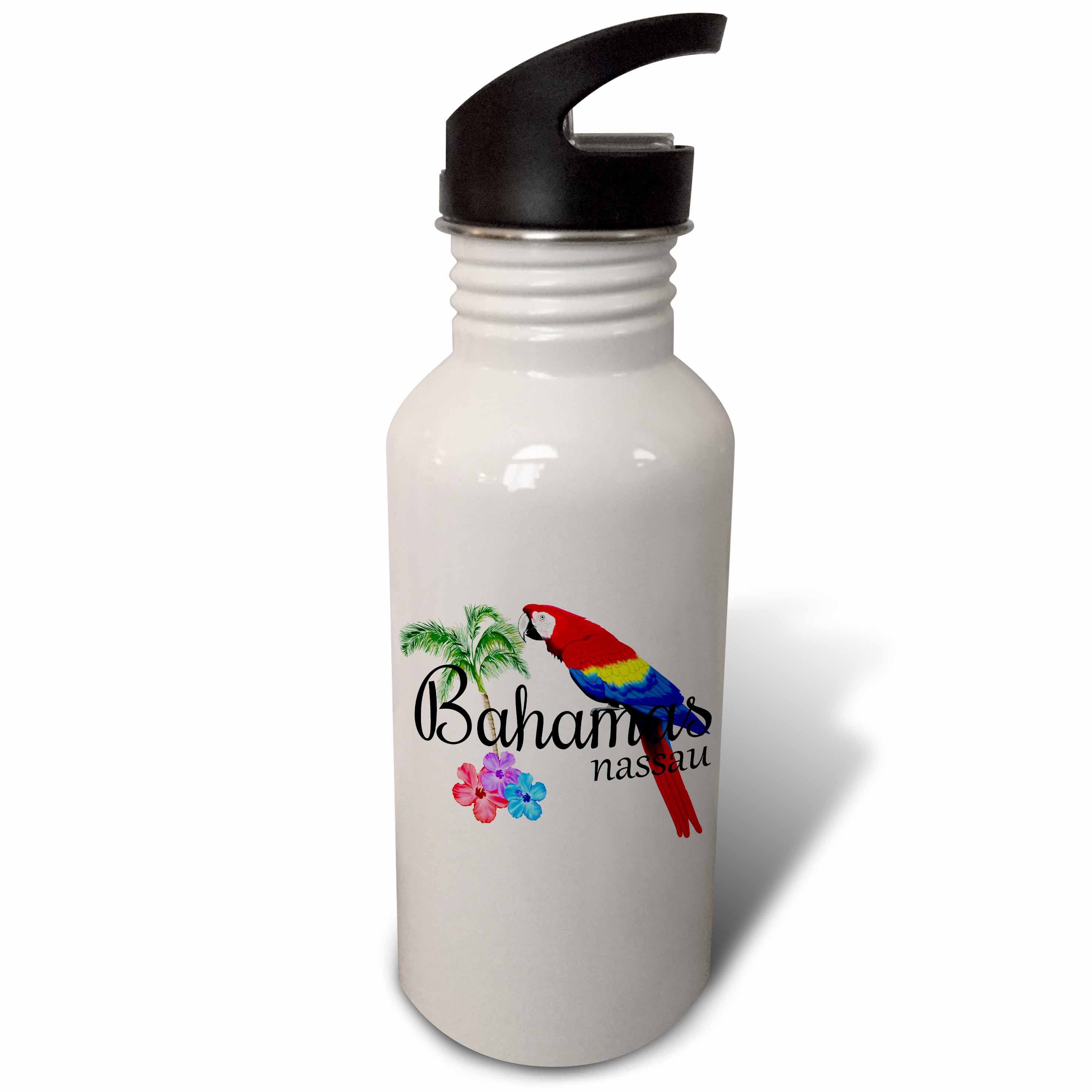 Bahamas Nassau Caribbean souvenir with tropical parrot and flowers. Flip Straw 21oz Water Bottle wb-299249-2