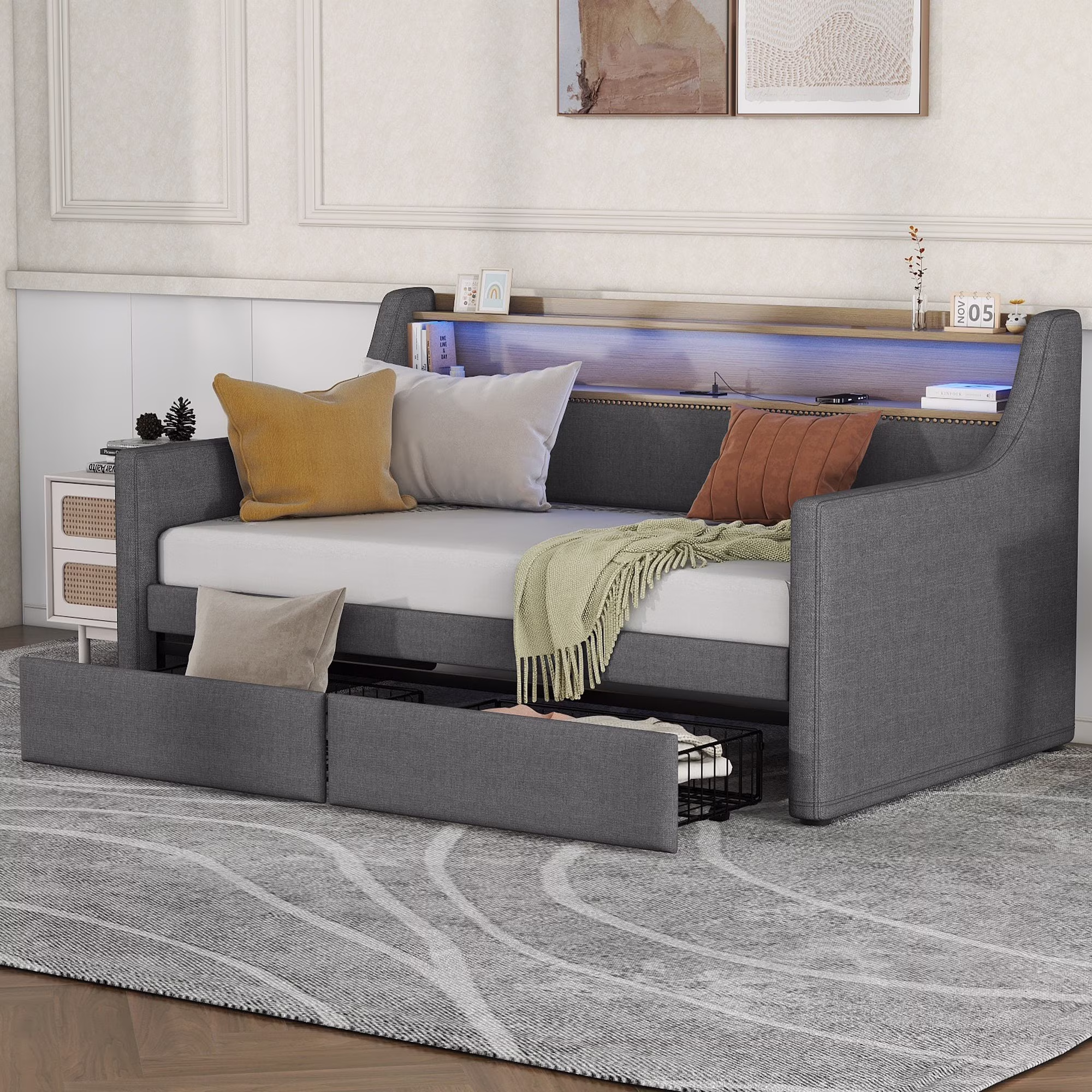Belin Twin Size Daybed  with Charging Station and LED - Gray