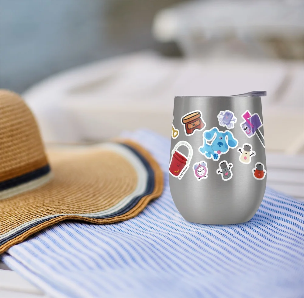 Blues Clues Official Blue And Friends Sticker Collage 12 oz Stemless Tumbler, Stainless Steel Travel Cup|Lake Tumbler|Insulated with Leak Resistant Slide-Lock Lid