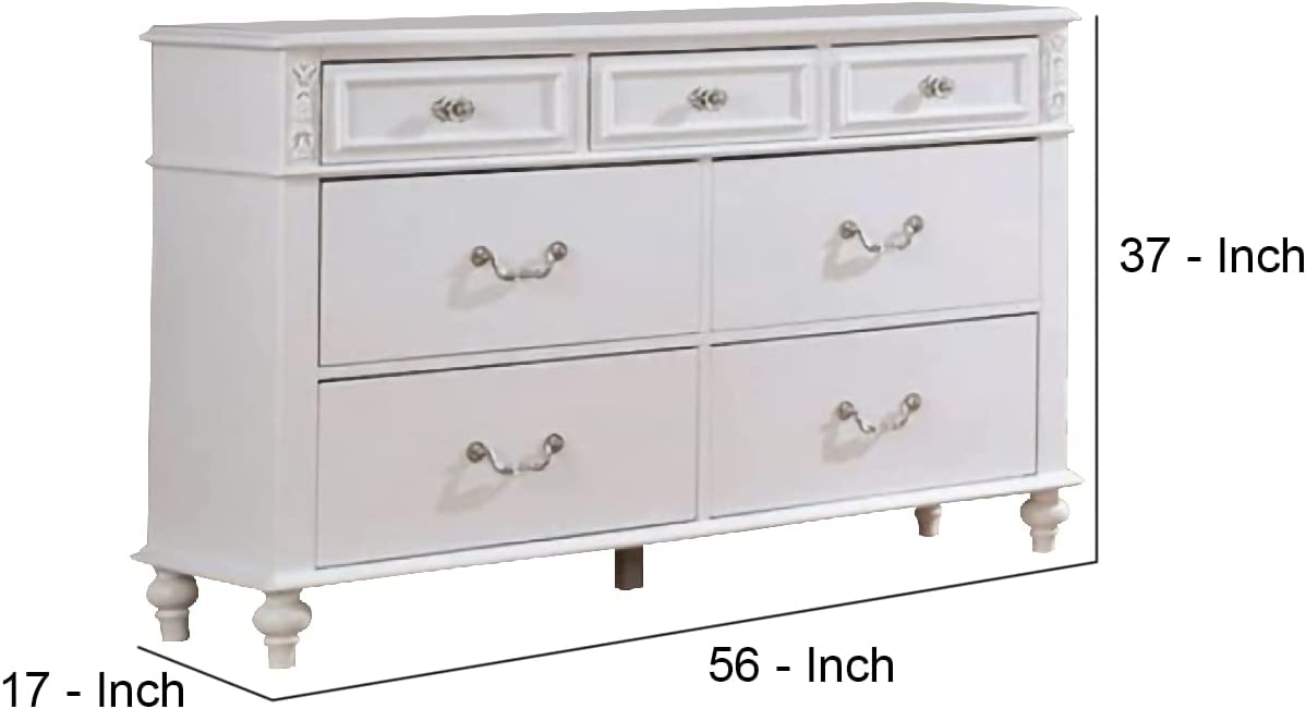 Dresser with 7 Drawers and Crystal Knobs, White