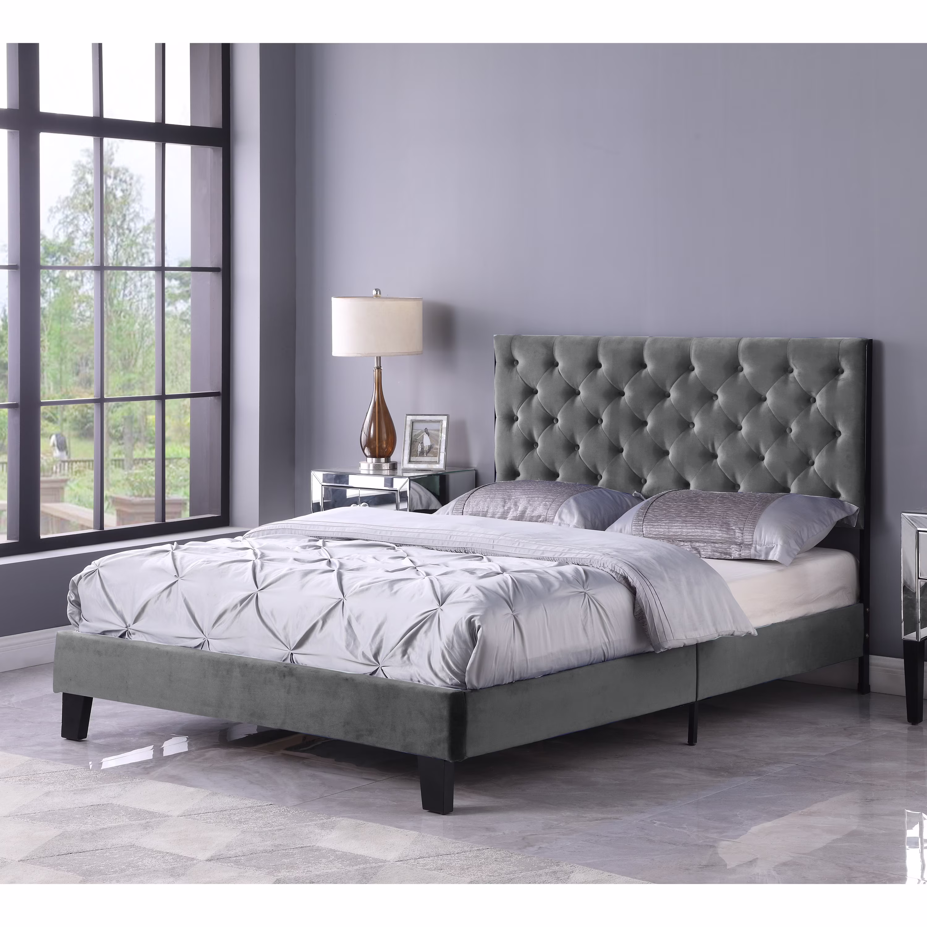 AC Pacific Modern Chic Polyester Gray Tufted Queen Platform Bed