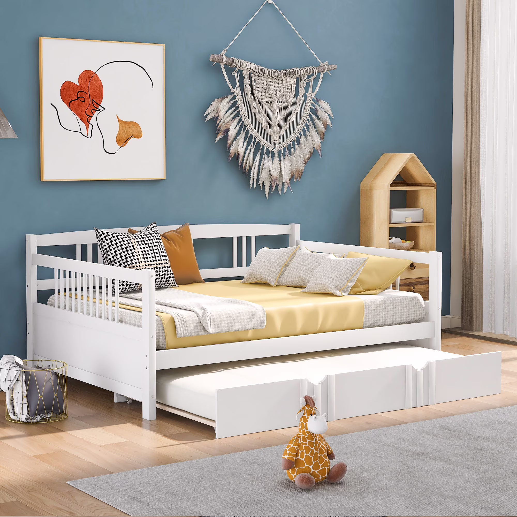Lex Full Size Wooden Daybed with Twin Size Trundle - White