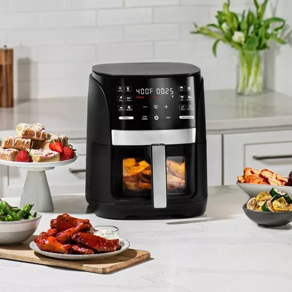 FM 6-Qt Digital Window Air Fryer with 12 Presets & Guided Cooking Black, Easy to Clean, Dishwasher Safe, Nonstick