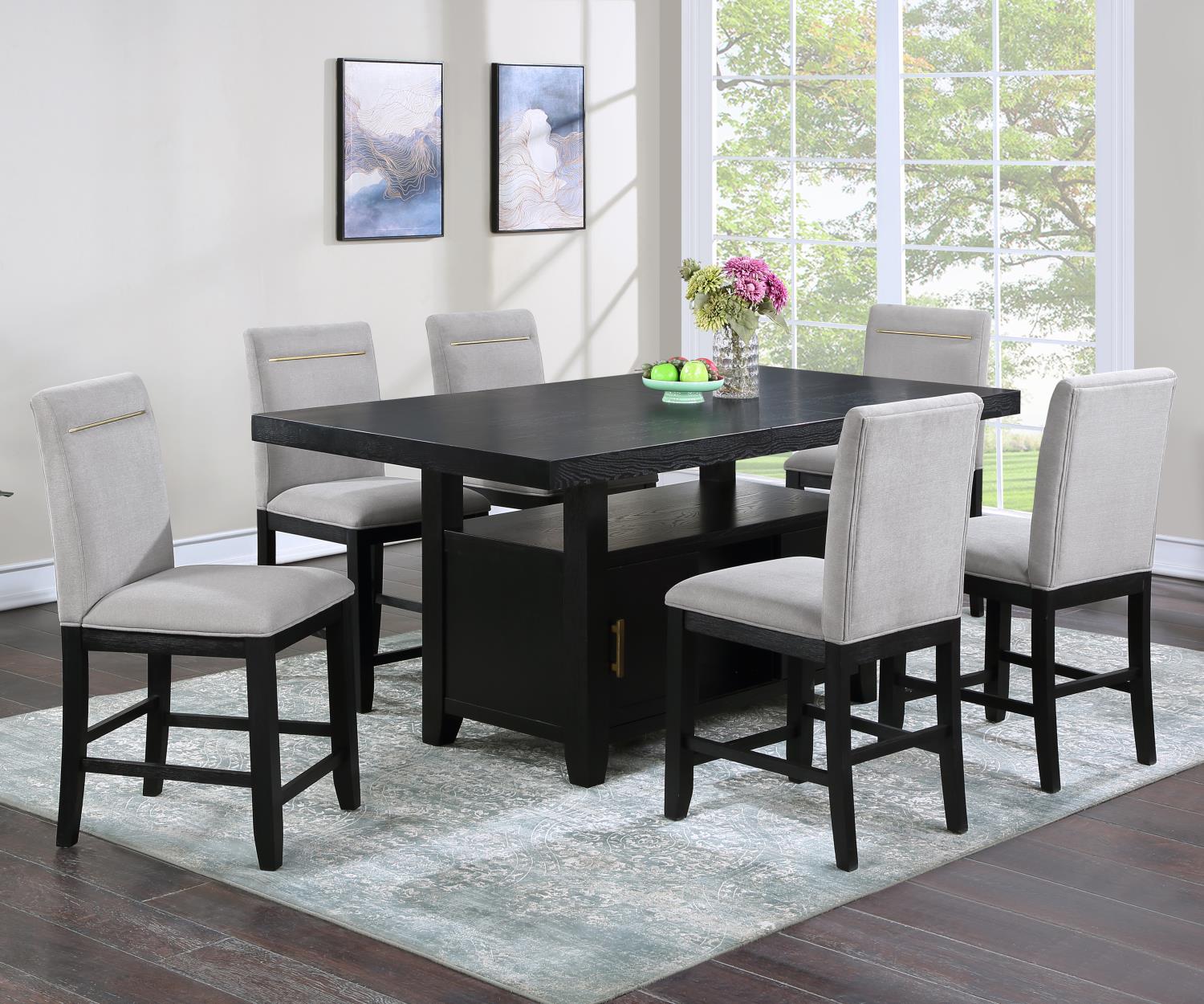 Yves Rubbed Charcoal Wood Counter Height Storage 7-Piece Dining Set