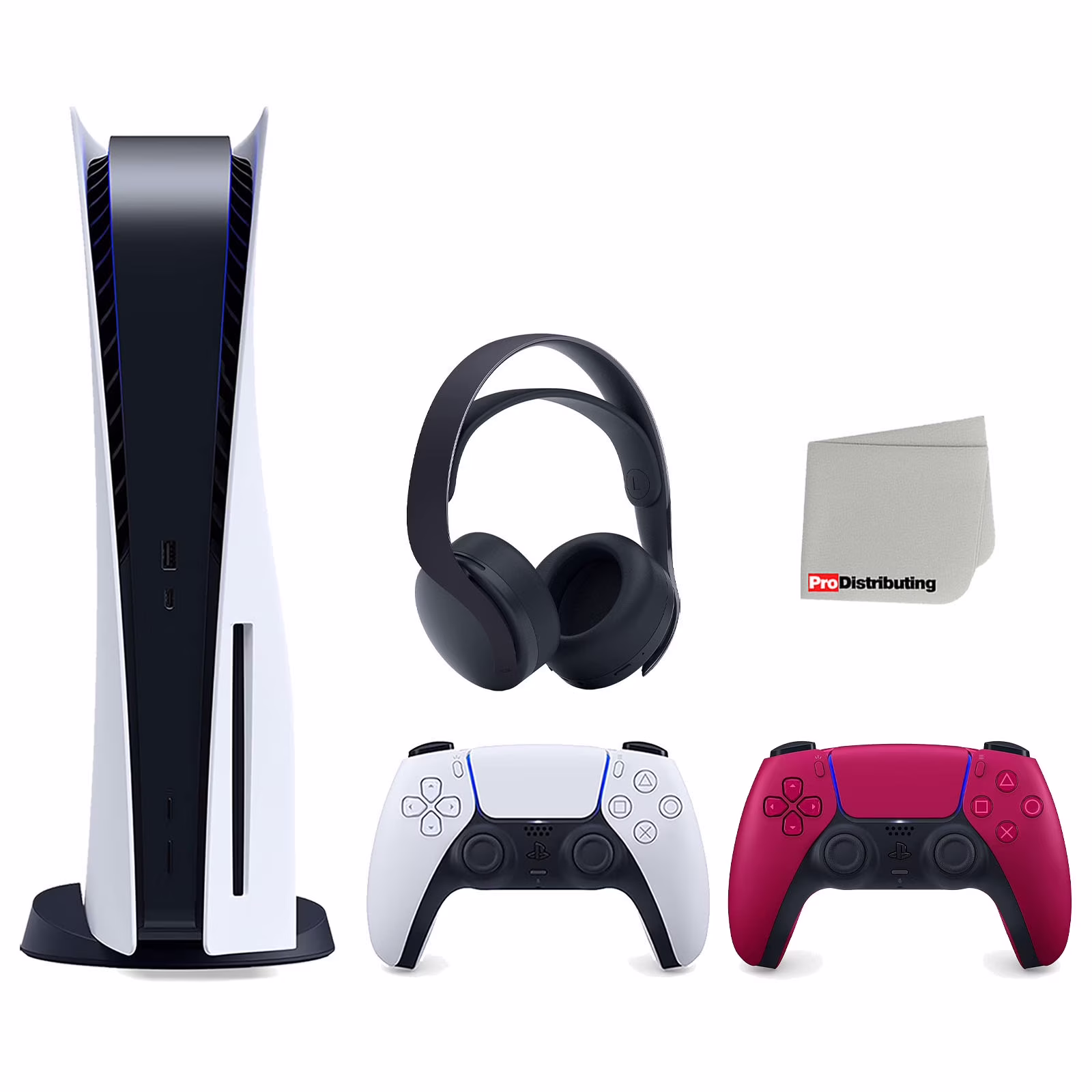 Sony Playstation 5 Disc Version Console with Extra Red Controller and Black PULSE 3D Headset Bundle with Cleaning Cloth