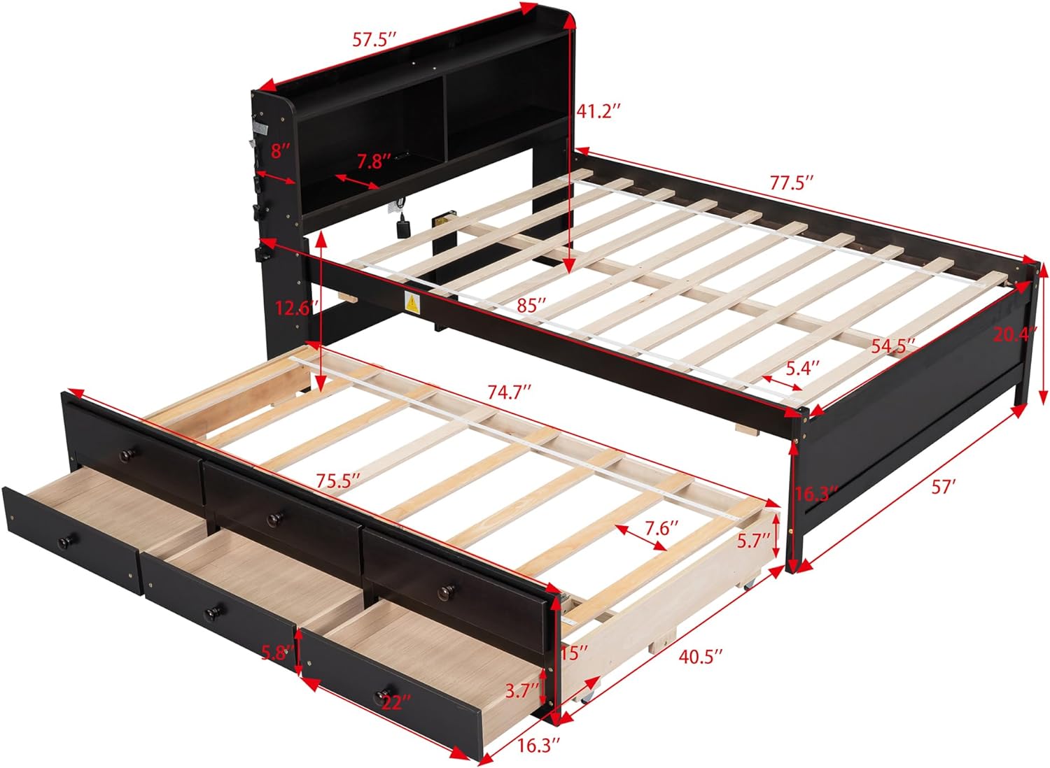 Full Size Bed With Trudle Ad Drawers, Full Stora Bed With Bookcase Headboard, USB,Type-C Ports Ad LED Light, Wood Full Bed Frames For Kids Tees Adults - Espresso