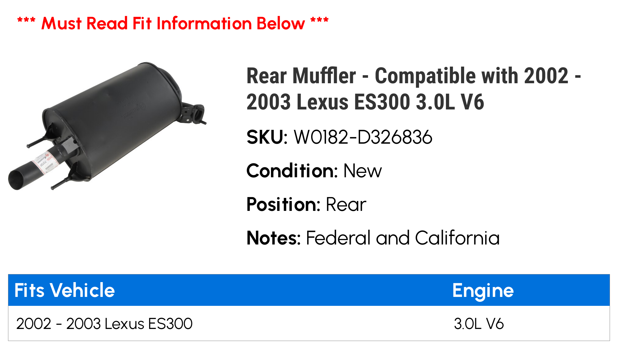 Rear Muffler - Compatible with 2002 - 2003 ES300 3.0L V6