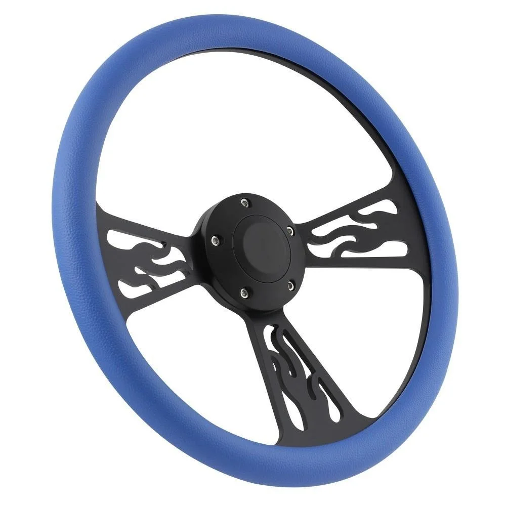 64-69 Ford Thunderbird 14 Inch Black Flame 5 Hole Steering Wheel Sky Blue Half Wrap