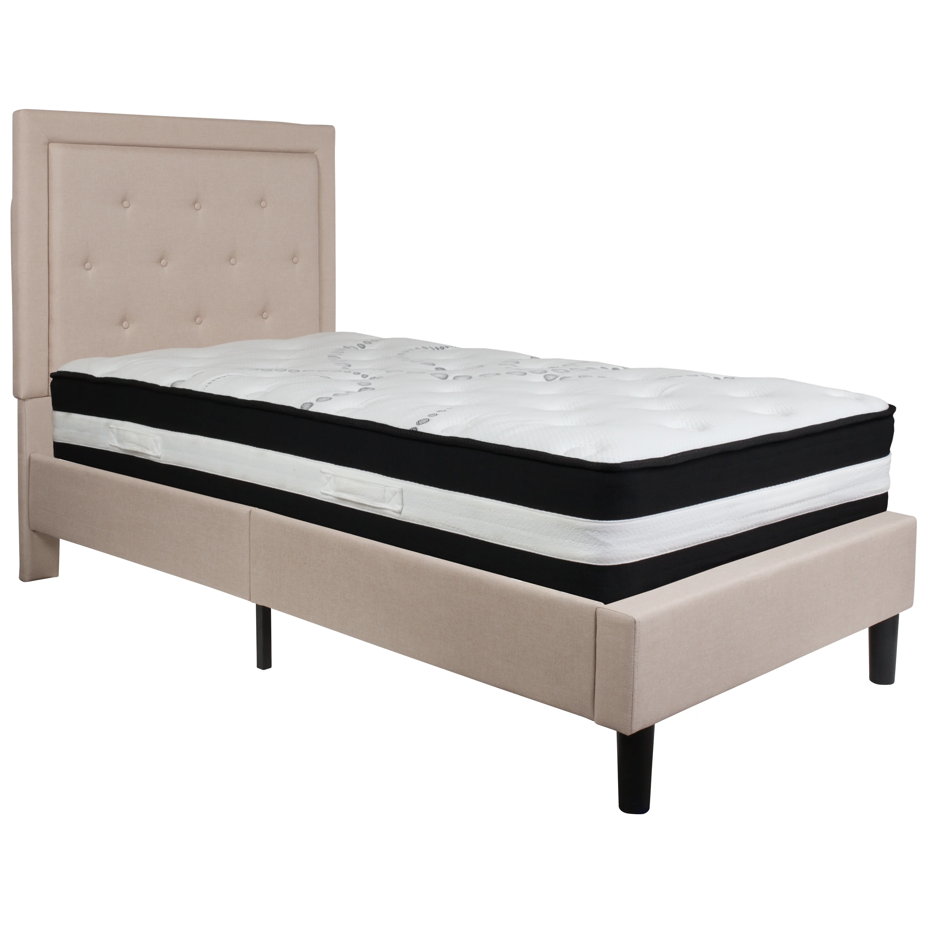 Emma + Oliver Twin Panel Tufted Platform Bed/Mattress in Beige Fabric